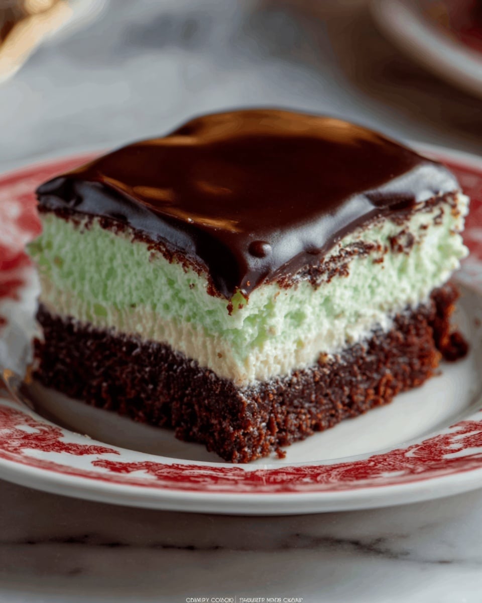 A square dessert bar is shown on a white plate with red patterns, placed on a white marbled surface. The dessert has three distinct layers: the bottom layer is thick and dark brown, looking moist and cake-like; the middle layer is a thick, light green cream with a fluffy texture, evenly spread and slightly raised; the top layer is a shiny, dark chocolate glaze that looks smooth and glossy, lightly dripping over the edges. The layers create a striking contrast between dark and light colors, making the dessert visually appealing. Photo taken with an iphone --ar 4:5 --v 7
