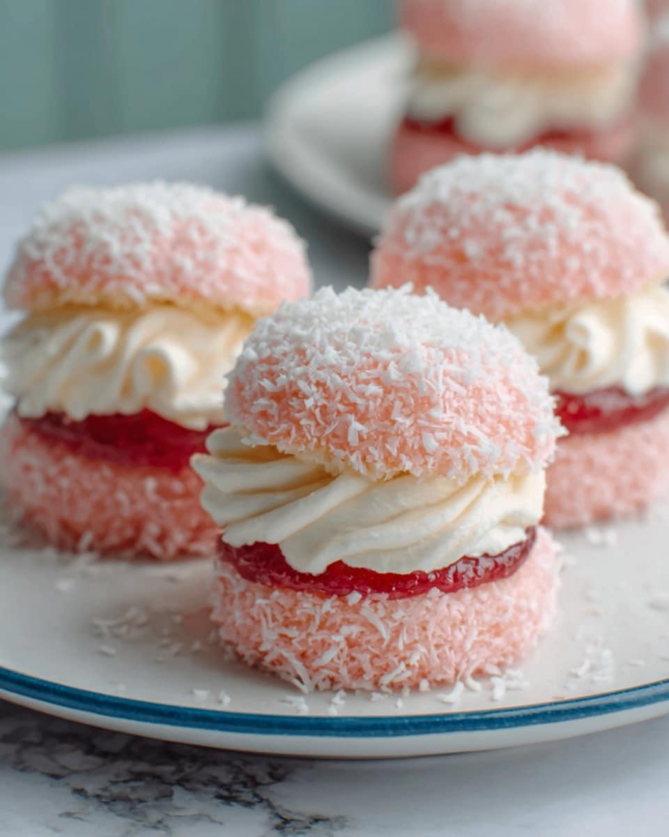 The image shows three small coconut-covered cakes placed on a white plate that has a thin blue rim. Each cake has two round pink layers coated in shredded coconut, with a thick swirl of white cream in the middle. The cakes are slightly glossy, and the pink color is soft and pastel. The surface they sit on has a white marbled texture, which contrasts gently with the colors of the cakes. The background is softly blurred, highlighting the desserts in the front. Photo taken with an iphone --ar 4:5 --v 7
