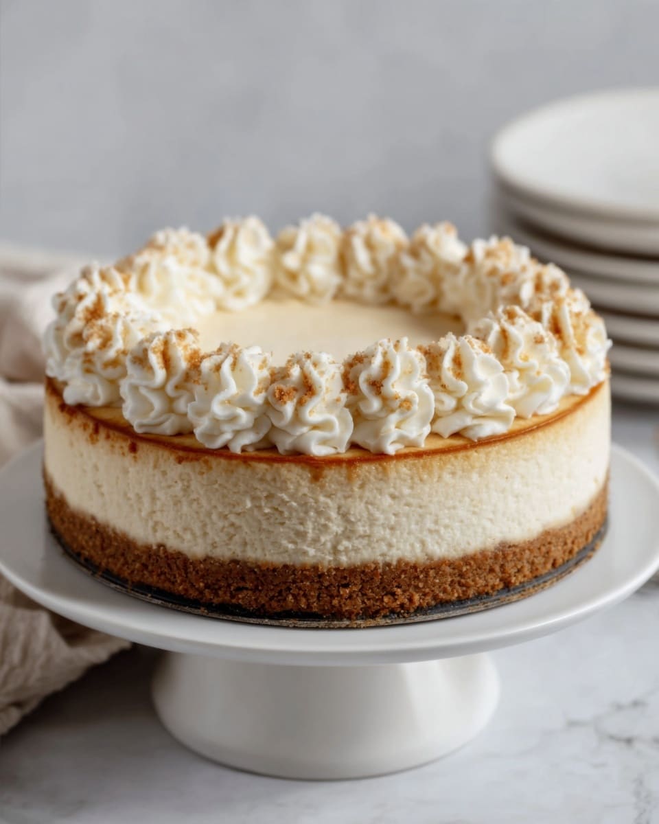 A round cheesecake with three visible layers sits on a white cake stand on a white marbled surface. The bottom layer is a thick, brown, crumbly crust. Above it is a large, smooth, creamy white layer of cheesecake filling. On top, there are many small swirls of white whipped cream evenly spread around the edge, adding texture and decoration. The background is soft and simple, with a hint of white plates stacked to the right. photo taken with an iphone --ar 4:5 --v 7
