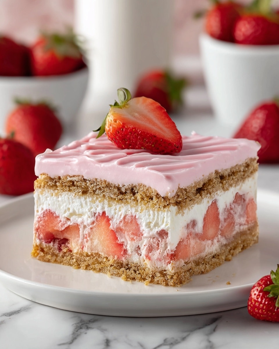 A square slice of layered dessert is shown on a white plate placed on a white marbled surface. The dessert has four layers: the bottom layer is a golden brown crumbly crust. Above that is a thick layer of white cream mixed with fresh red strawberry pieces. The third layer is a slightly thicker, crumbly, light brown cake layer. On top, there is a smooth and even pink creamy layer with gentle waves on the surface. Around the plate are fresh whole strawberries with green tops, and blurred white bowls with strawberries in the background. Photo taken with an iphone --ar 4:5 --v 7
