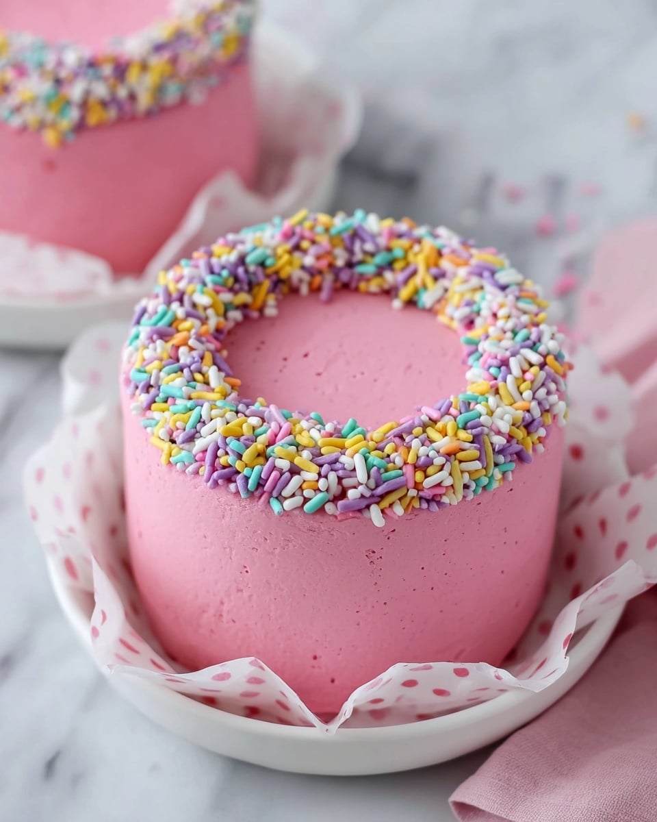 A small two-layer chocolate cake covered with smooth light pink frosting sits on floral paper over a white marbled surface. The cake layers are dark and moist, with a thick layer of pink frosting between them. The top of the cake is adorned with a mix of colorful sprinkles in pastel blue, pink, white, and shiny gold, forming a partial ring. A wooden spoon holds a single bite of cake, showing the rich dark chocolate texture covered in the same light pink frosting. Photo taken with an iphone --ar 4:5 --v 7