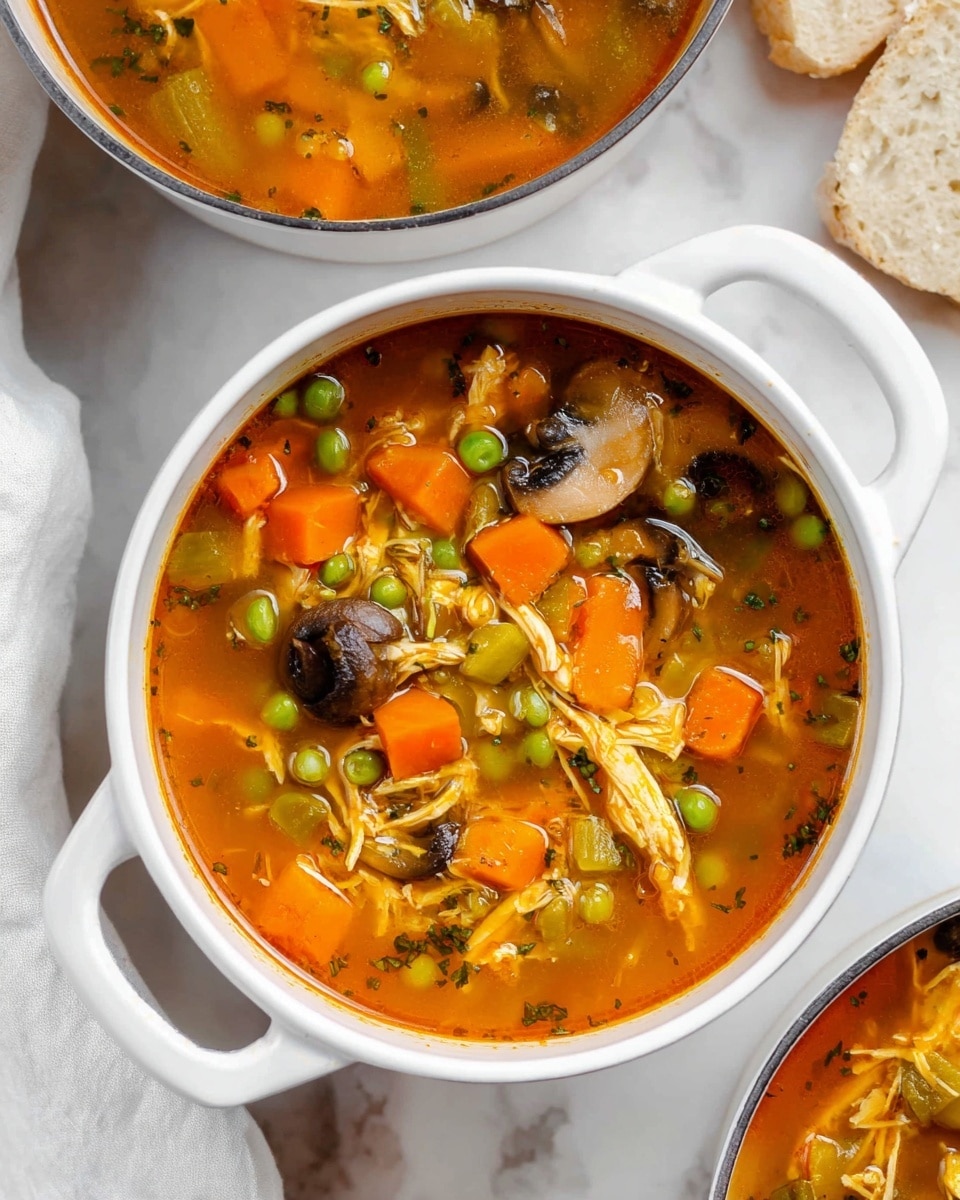 A white bowl filled with a warm, orange-red soup that has visible shredded pieces of chicken, large green peas, and chunks of orange carrots floating on the surface. The broth looks rich and slightly oily with small bits of herbs and spices throughout. A silver spoon rests inside the bowl on the left side. The bowl sits on a white marbled surface with a piece of light-colored bread partially visible on the left. In the bottom right corner, a smaller white bowl with more soup is slightly visible. Photo taken with an iphone --ar 4:5 --v 7