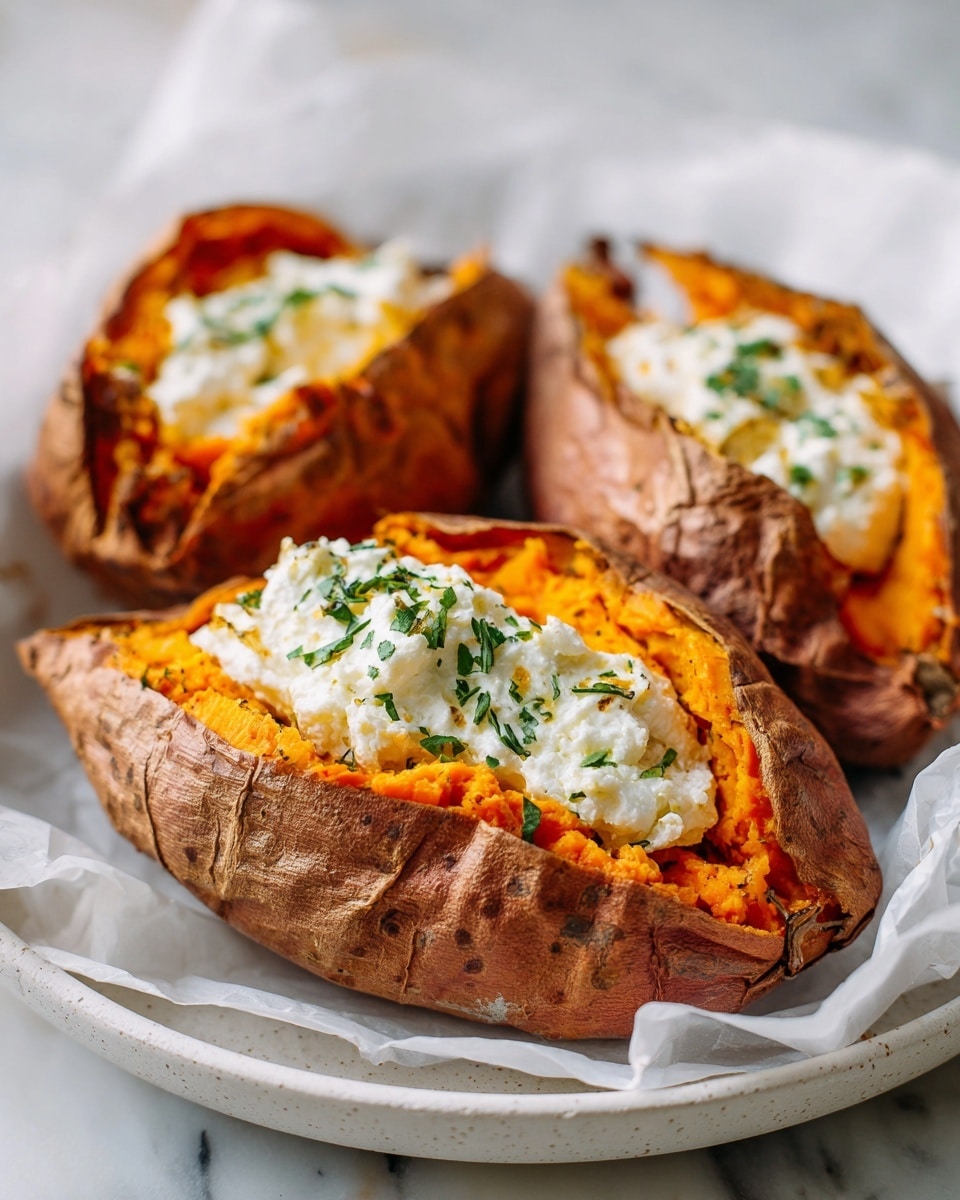 Three baked sweet potatoes with rough, wrinkled brown skin sit on a white plate lined with white parchment paper, placed on a white marbled surface. Each sweet potato is split open, revealing bright orange soft flesh inside. On top of the orange layer in each potato, there is a thick dollop of white creamy cheese or butter, sprinkled with small green herb pieces. The image focuses closely on the sweet potatoes, showing their textured skin and soft, fluffy filling clearly. Photo taken with an iphone --ar 4:5 --v 7