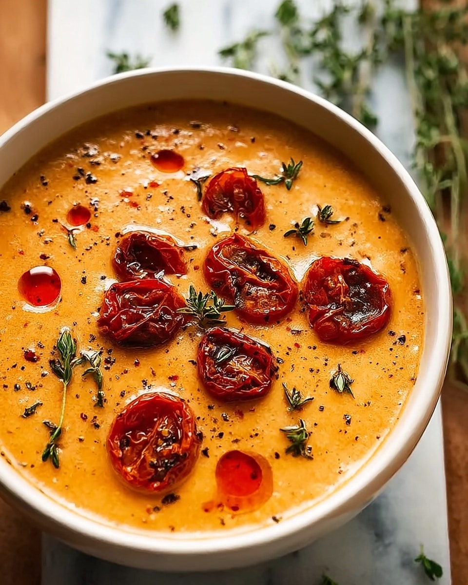 A bowl of creamy orange soup with a smooth texture fills the white bowl. On top, there are seven roasted cherry tomato halves with wrinkled, deep red skins, scattered unevenly. Small green sprigs of fresh herbs, likely thyme, are placed around the tomato pieces. Drops of shiny red oil are dotted across the soup surface, creating a glossy look. Tiny black specks of seasoning are sprinkled all over. The bowl rests on a white marbled texture, and some blurred green leaves are visible in the background. Photo taken with an iphone --ar 4:5 --v 7