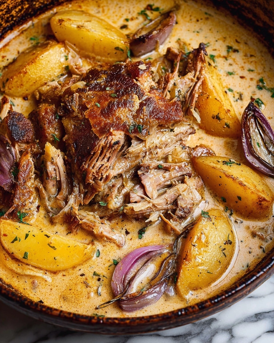 The image shows a close-up of a dish in a deep pot filled with a creamy, light brown sauce that has a smooth texture and specks of herbs throughout. In the center, there are several hearty pieces of browned, shredded meat with a crispy roasted surface on top, showcasing rich golden and dark brown shades. Surrounding the meat are thick wedges of yellow potatoes and slices of soft, cooked purple onions with a glossy texture, all partially submerged in the sauce. The pot has a rustic look with dark brown edges, and the background is a white marbled surface. photo taken with an iphone --ar 4:5 --v 7