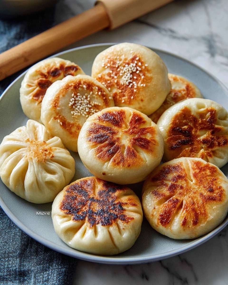 A white plate holds nine round, golden-brown pan-fried buns with a variety of textures on top: some have smooth, shiny tops sprinkled with a few white sesame seeds, while others show pleated edges pressed together forming folds that create a flower-like pattern, all with areas of darker browning from the pan. The buns have a soft doughy look with a slightly crisp surface where they touched the heat. The plate sits on a white marbled surface, and a wooden rolling pin is blurred in the background. Photo taken with an iphone --ar 4:5 --v 7