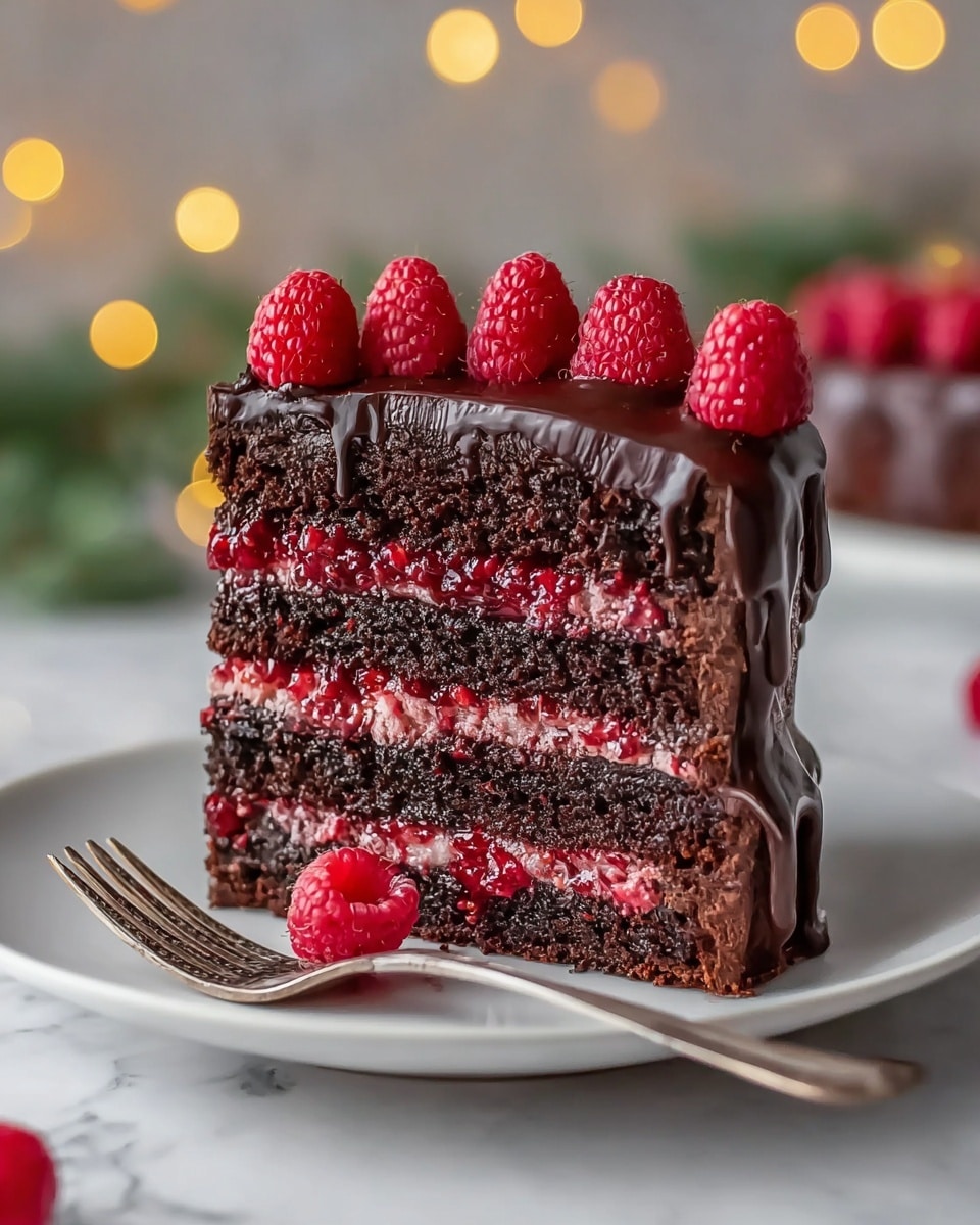 A slice of three-layer chocolate cake sits on a white plate with a white marbled texture surface. The thick cake layers are dark brown and soft-looking, separated by two layers of smooth pink raspberry filling. A thick shiny chocolate ganache drips down the sides, covering the top of the slice. Fresh red raspberries are placed on top and beside the cake, adding a bright contrast. Photo taken with an iphone --ar 4:5 --v 7
