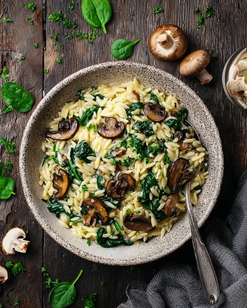 A bowl filled with creamy orzo pasta spread evenly as the base layer, light yellow and smooth in texture. Scattered on top are cooked brown mushroom slices with a slightly glossy surface and fresh dark green spinach leaves, some wilted and some whole, mixed throughout creating a lively contrast. Small bits of bright green parsley add a fresh finishing touch over the dish. The bowl is speckled with a rough, stone-like texture and sits on a dark wooden surface with loose spinach leaves and mushroom caps around it, with a gray cloth resting nearby. photo taken with an iphone --ar 4:5 --v 7