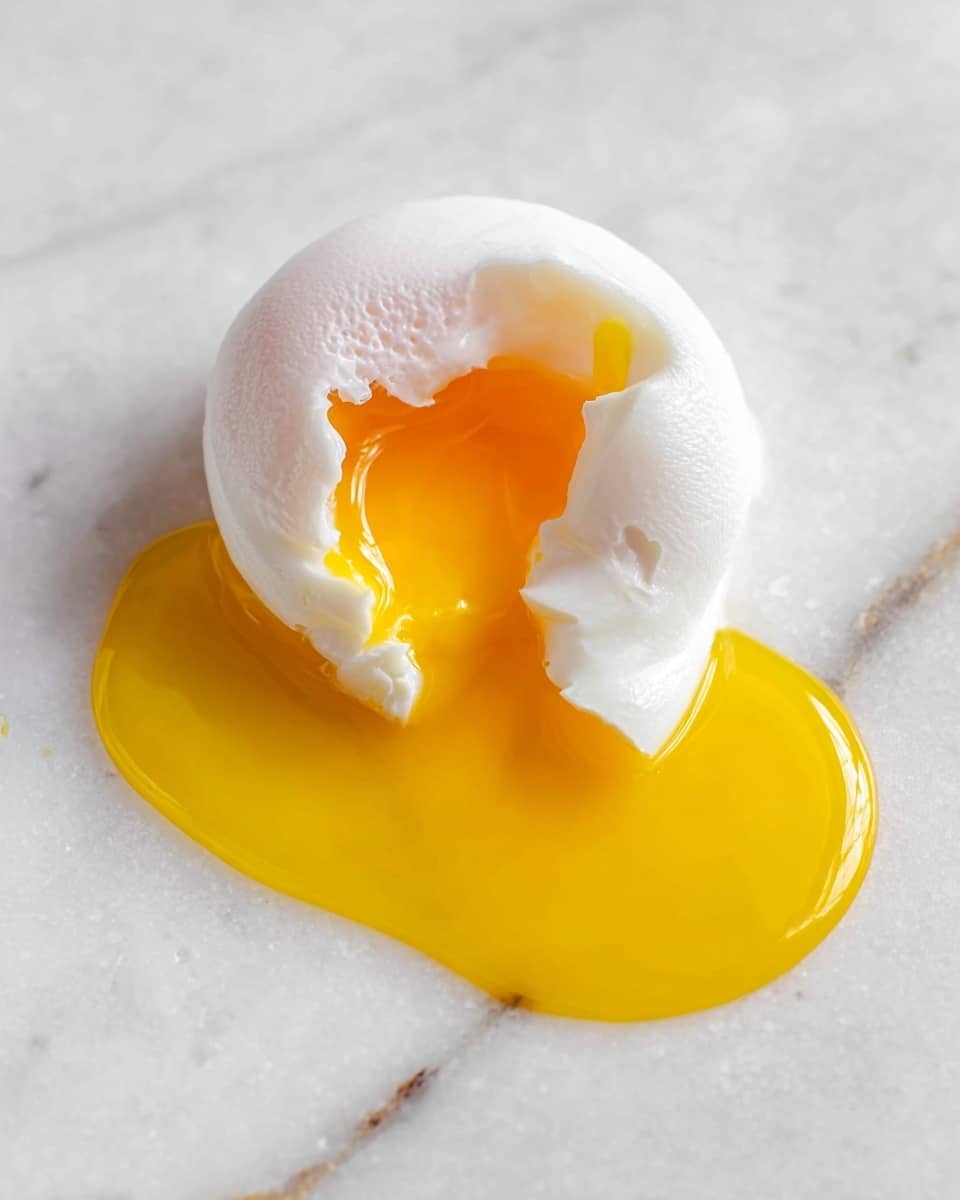 A single poached egg sits directly on a white marbled surface. It has a smooth, soft white outer layer with a slightly uneven texture. A section of the white layer is broken open near the center, revealing a bright, thick and glossy yellow yolk flowing out onto the surface, creating a small pool. The colors contrast with the white background, highlighting the soft, delicate nature of the egg. photo taken with an iphone --ar 4:5 --v 7