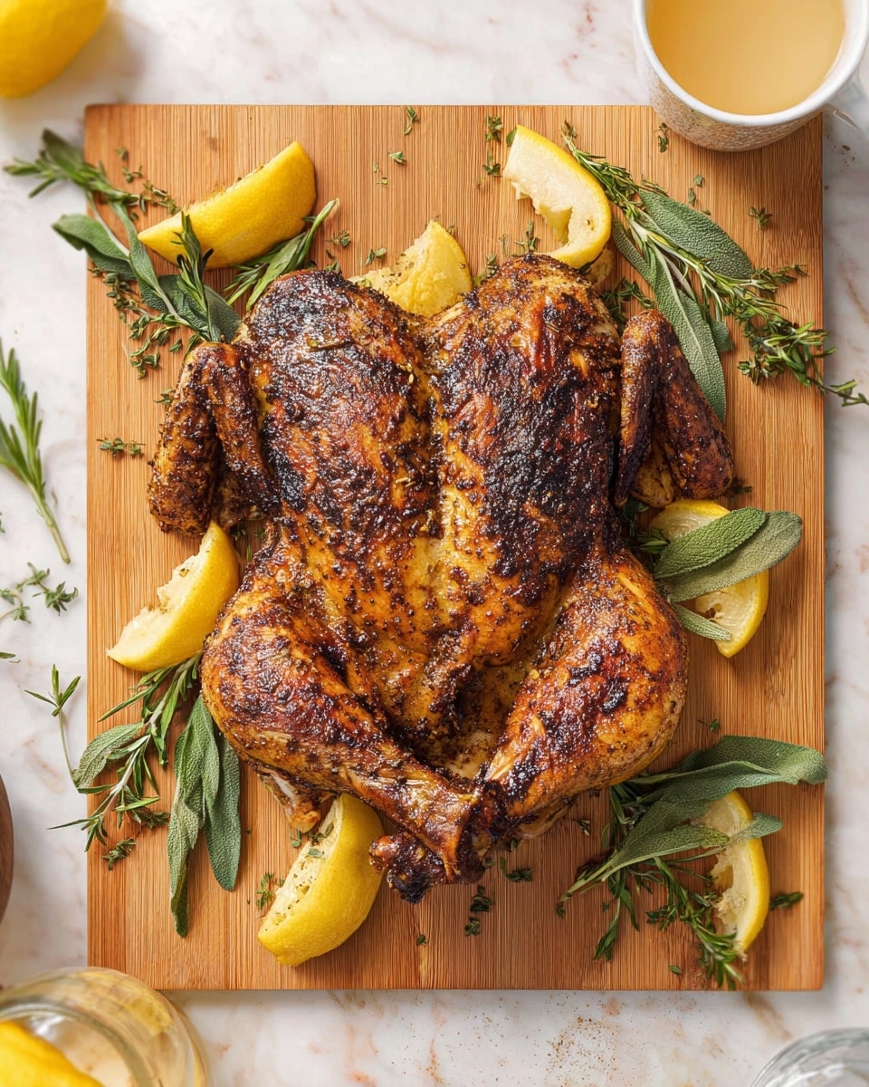 A wooden cutting board holds a neatly arranged roasted turkey platter with five layers: at the top left, two golden-brown turkey drumsticks sit slightly angled, next to the center layer of a juicy, browned turkey thigh; below are several thick slices of turkey breast with crisp edges on the bottom left and right, each layered beside lemon wedges and sprigs of fresh green rosemary and sage leaves scattered around. The cutting board is placed on a white marbled surface with a small white gravy boat filled with golden sauce to the bottom left, a folded striped beige and white cloth to the bottom right, two empty clear textured glasses on the upper right, and a white plate with two forks in the top center. Photo taken with an iphone --ar 4:5 --v 7