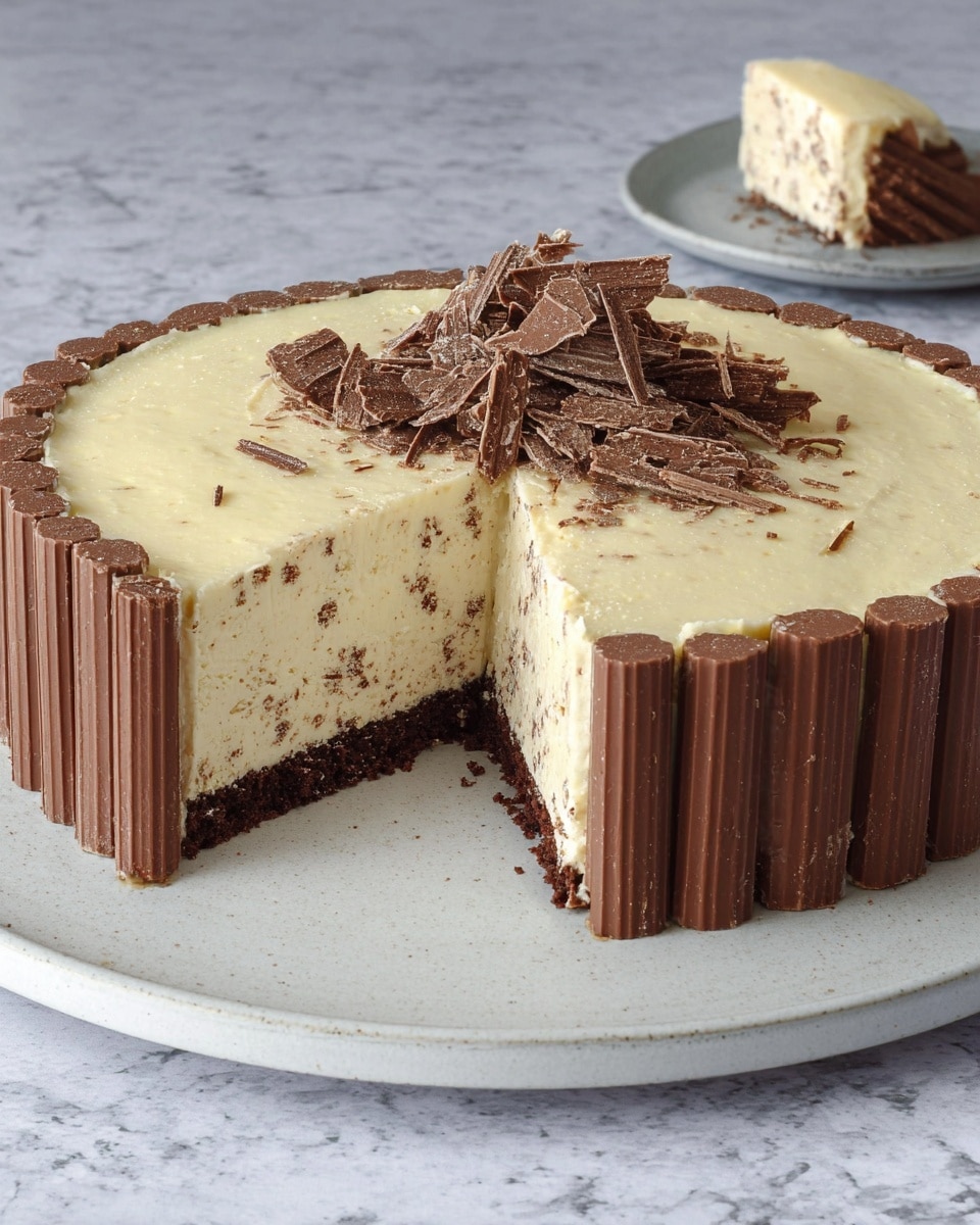 A rich cheesecake with three visible layers: a dark brown crumbly chocolate base at the bottom, a thick creamy pale yellow middle layer with chocolate bits inside, and an outer ring made of upright chocolate flake bars surrounding the middle layer, topped with a few broken chocolate flakes. One slice is lifted by a woman's hand using a gold-colored spatula from a white plate with the rest of the cheesecake, while a white bowl with more chocolate flakes is on the left side. The background is a white marbled surface. photo taken with an iphone --ar 4:5 --v 7