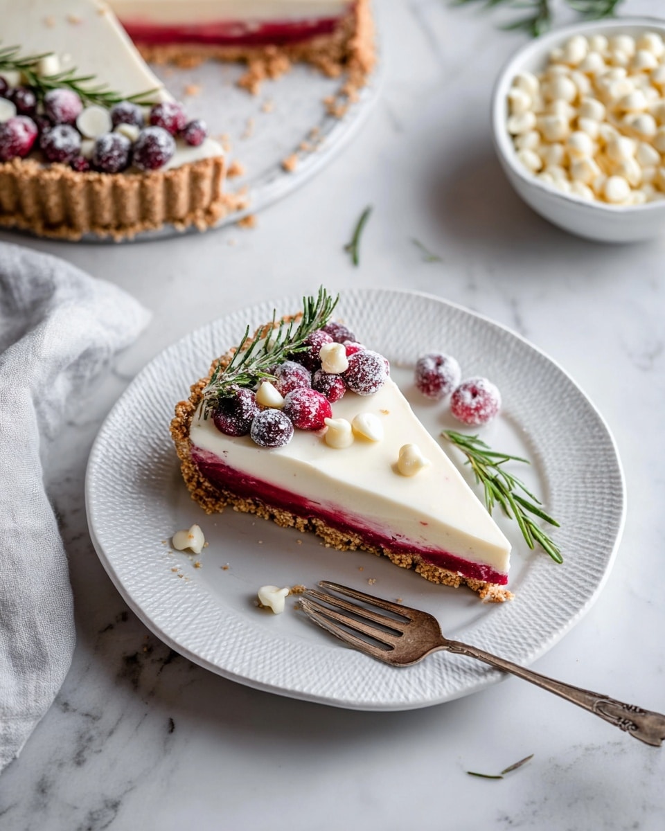 A slice of a three-layer tart on a white plate with a textured rim, placed on a white marbled surface. The bottom layer is a crumbly, light brown crust, supporting a thin red middle layer visible only at the edges, and topped with a smooth, creamy white layer forming the main top. The slice is decorated with small frosted red and dark berries, white chocolate chips, and fresh green rosemary sprigs arranged near the crust edge. A vintage silver fork lies beside the slice on the plate. In the background, the whole tart shows the same decoration on top and sits next to a white bowl filled with white chocolate chips. A light gray cloth is partly visible on the left side. photo taken with an iphone --ar 4:5 --v 7