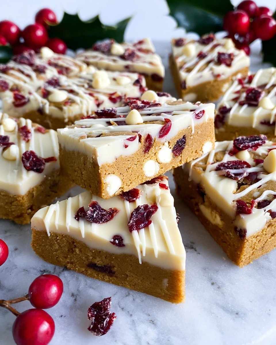 A group of triangular cookie bars arranged on a white marbled surface are shown. Each bar has two layers: a thick, golden brown cookie base embedded with small white chunks, and a creamy white chocolate layer on top. The white chocolate layer is decorated with scattered bright red dried cranberries and thin drizzles of white chocolate zigzagging across the surface. The bars are cut cleanly, showing the distinct layers, and a few are positioned upright to reveal the thickness and texture of both layers. In the background, there are red berries and green holly leaves adding a festive touch. Photo taken with an iphone --ar 4:5 --v 7