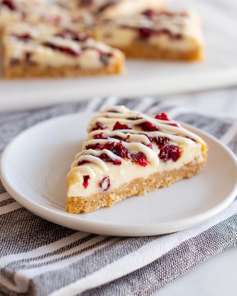 A triangular slice of a dessert bar sits on a plain white plate over a soft striped cloth, showing three clear layers: the bottom is a crumbly light tan crust, the middle is a creamy white filling, and the top is studded with red dried fruit pieces and drizzled with thin white glaze lines. In the background, there is a blurred view of more dessert bars on a white plate, all set on a white marbled surface. photo taken with an iphone --ar 4:5 --v 7