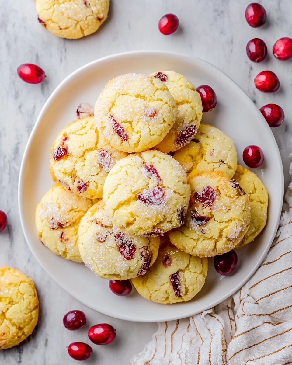 A white plate holds a pile of about ten round cookies, each with a cracked golden-yellow surface sprinkled with coarse sugar. The cookies have red bits of cranberries scattered throughout, adding color contrast. Around the plate, fresh cranberries are placed on a white marbled texture, and a light-colored cloth with thin brown lines is partially visible in the lower right corner. Photo taken with an iphone --ar 4:5 --v 7