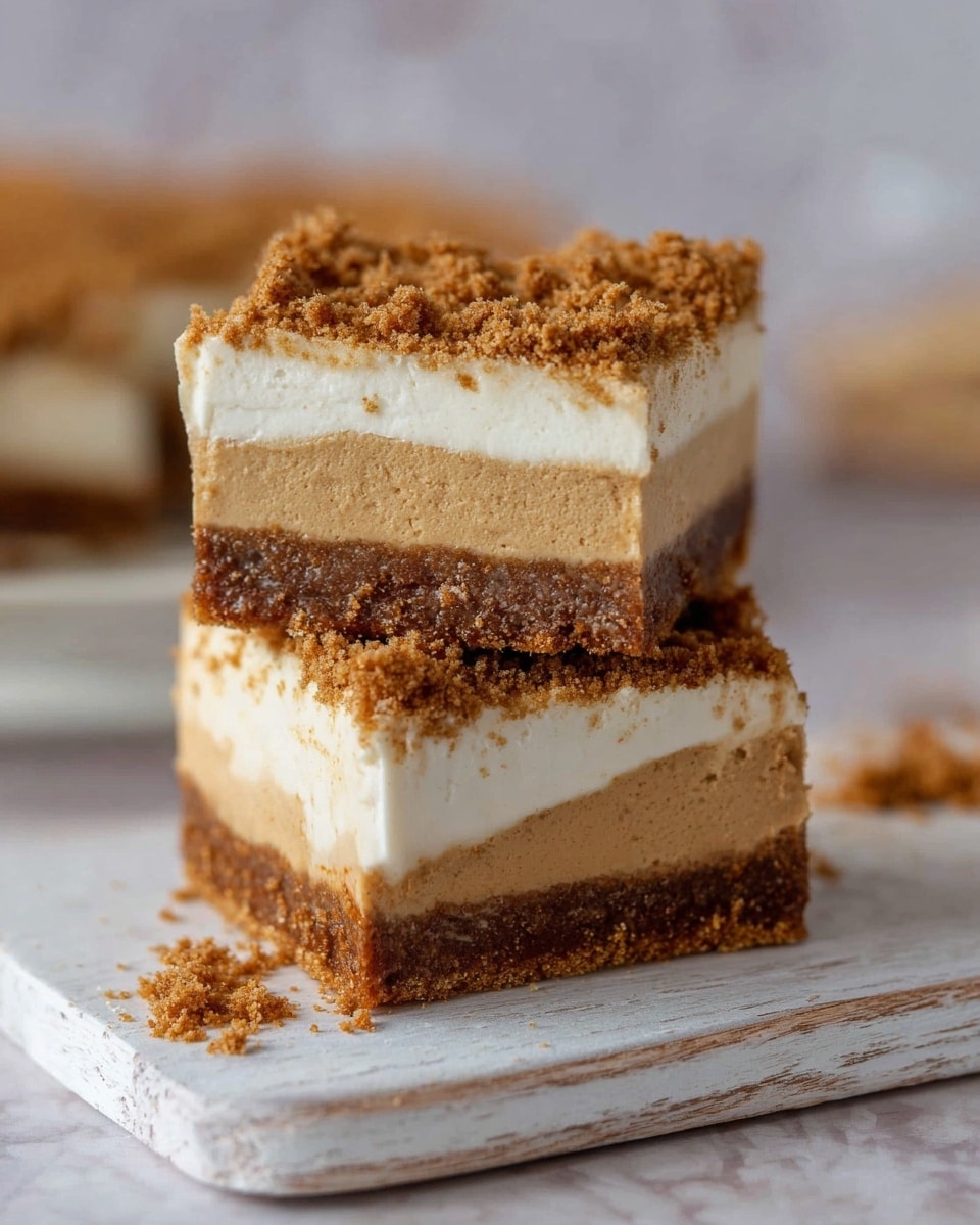 The image shows two square slices of a layered dessert stacked on a white wooden board on a white marbled surface. Each slice has four layers: the bottom layer is a dark brown crumbly crust, the second layer is a thick, light brown creamy filling with a smooth texture, the third layer is a thin, smooth white cream, and the top layer is a crumbly light brown topping that spills slightly over the edges. The top slice is positioned at an angle on the bottom slice, showing all the layers clearly. Photo taken with an iphone --ar 4:5 --v 7