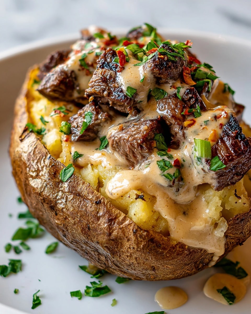 A close-up of a baked potato cut open in half with a rough, brown skin, filled with a layer of fluffy, slightly golden mashed potato. On top of this is a second layer of juicy, grilled steak pieces, dark brown with a slight char. The steak is covered with a creamy sauce that is light beige with small bits of red and green herbs, garnished with chopped fresh green herbs scattered over the sauce. The dish is placed on a white plate on a white marbled surface, showing a rich mix of textures and colors. Photo taken with an iphone --ar 4:5 --v 7