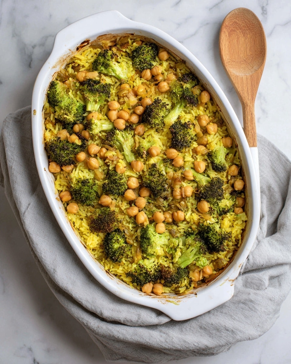 A white rectangular baking dish filled with a layered casserole. The bottom layer is a yellow rice base with a slightly fluffy texture. Above it, there are large green broccoli florets scattered evenly. On top, there is a layer of light beige chickpeas spread all over. A wooden spoon with a rounded shape is partially dipped into the dish on the right side, held by a woman's hand. The dish rests on a light beige cloth, placed on a white marbled surface. photo taken with an iphone --ar 4:5 --v 7