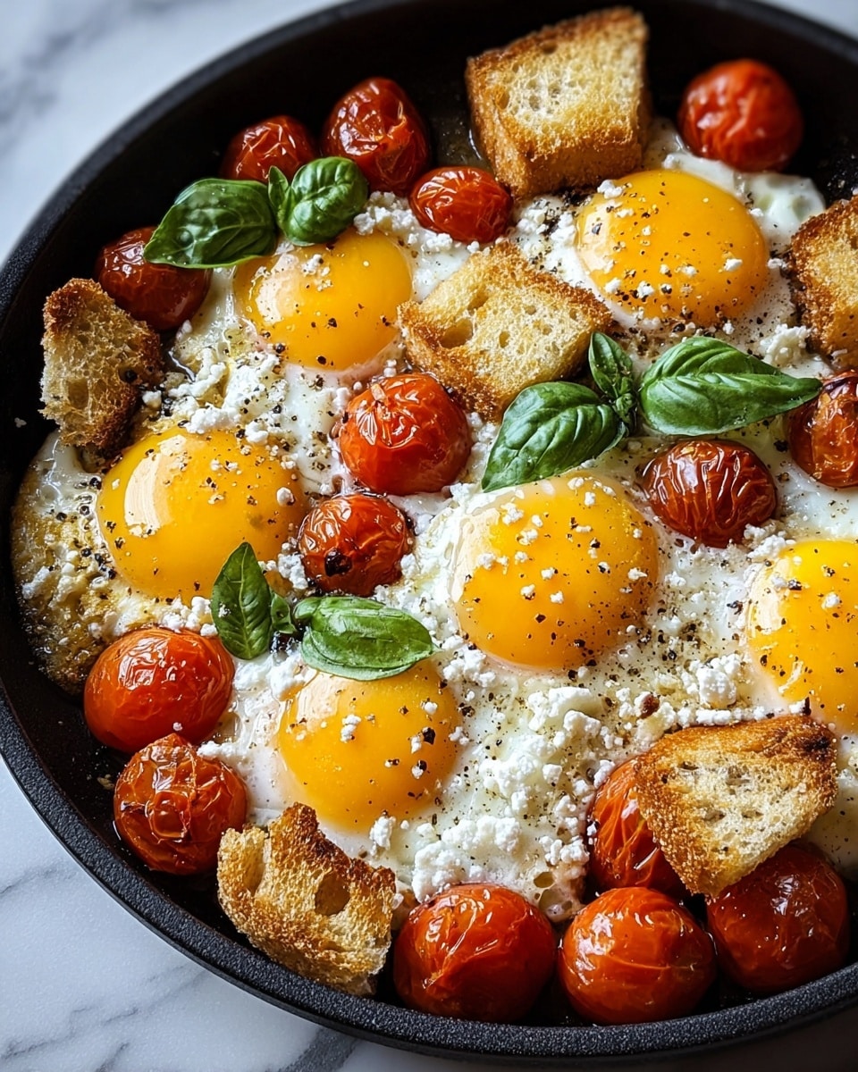 The dish shows a round black pan filled with five sunny side up eggs arranged evenly. Each egg has a bright yellow yolk on a smooth, white cooked egg white, topped with coarse black pepper and small white crumbles. Around the eggs, there are whole roasted red cherry tomatoes with a shiny, wrinkled skin. Toasted bread pieces with a golden-brown crust and soft inside are placed along the edge. Fresh dark green basil leaves are scattered on top, adding color contrast. The pan is set on a white marbled surface. photo taken with an iphone --ar 4:5 --v 7