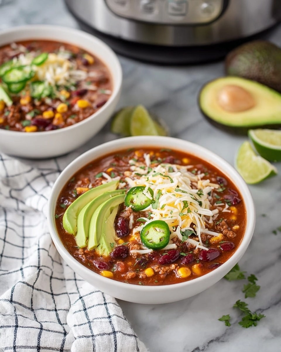 A white bowl filled with rich brown chili displaying layers of chunky ground meat, dark red kidney beans, black beans, and bright yellow corn kernels mixed in a thick reddish-brown sauce. On top, there's a sprinkling of white shredded cheese and chopped green herbs. On the right side of the bowl are several slices of green jalapeño peppers, and a thin lime wedge is placed on the top left inside edge of the bowl. Two thick slices of creamy light green avocado rest on the left inside edge of the bowl, slightly overlapping the chili. The bowl sits on a white marbled surface with part of a white and blue checkered cloth visible near the bottom. photo taken with an iphone --ar 4:5 --v 7
