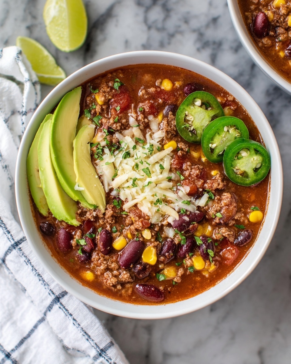 A white bowl is filled with a thick chili that has a deep red-brown broth base. Inside are layers of red kidney beans, yellow corn kernels, and ground meat mixed in. On top, shredded white cheese is spread evenly, with sliced green jalapeños and chopped fresh herbs adding green touches. One side of the bowl holds two smooth slices of light green avocado, and a lime wedge rests on the edge. A second white bowl of chili with similar toppings is nearby, alongside half an avocado and a stainless steel slow cooker on a white marbled surface, with a white and blue checkered cloth in the foreground. Photo taken with an iphone --ar 4:5 --v 7