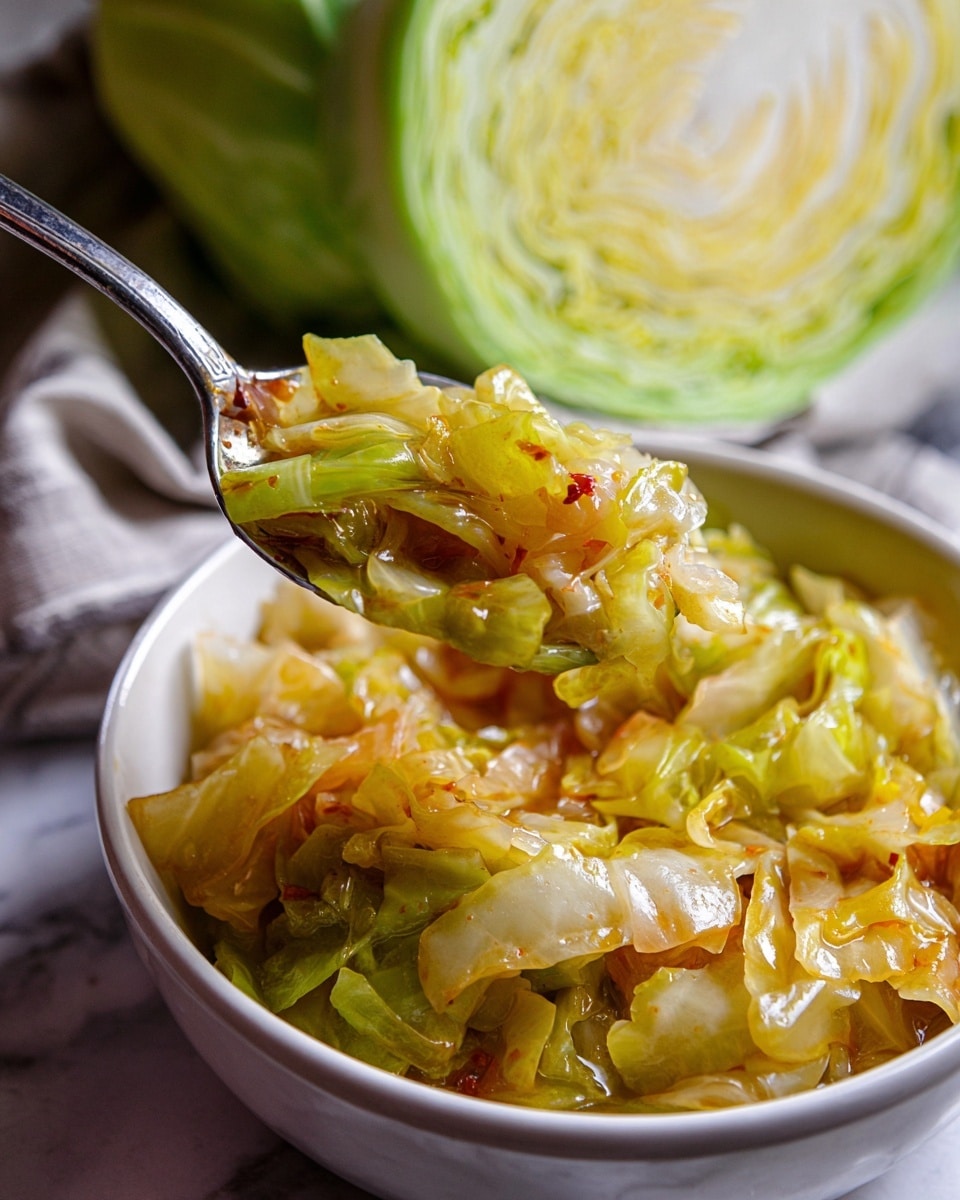 A close-up view of a white bowl filled with cooked cabbage pieces that are soft and slightly translucent, showing shades of light green, yellow, and hints of orange from cooked spices or vegetables. A silver spoon lifts a scoop of the cabbage, highlighting the shiny, tender texture and wetness from the cooking liquid. In the background, there is a wedge of raw cabbage resting on a white marbled surface that adds depth to the image. The overall look is warm and freshly cooked, focusing on the layers of cabbage leaves mixed together. photo taken with an iphone --ar 4:5 --v 7