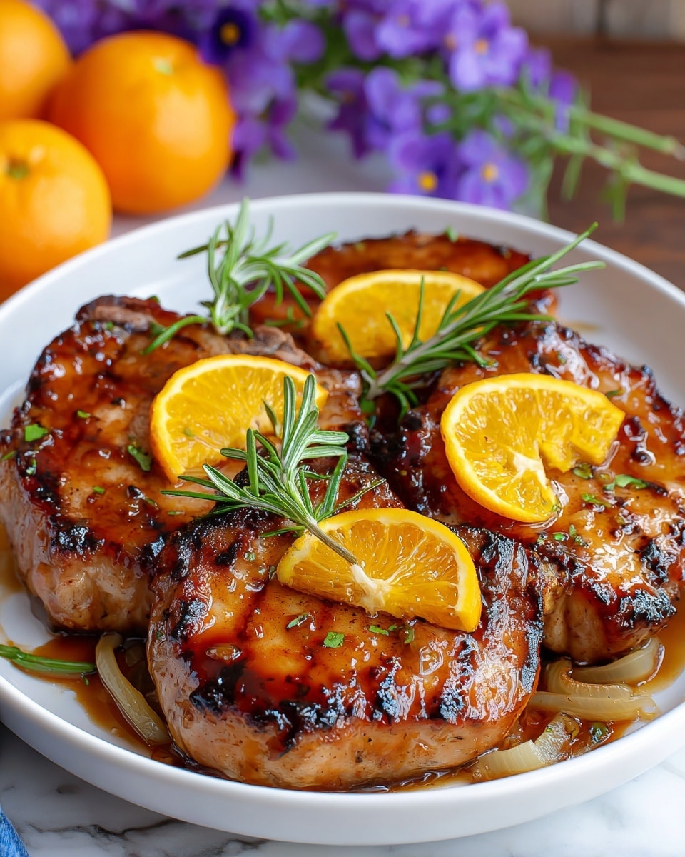 A white round plate holds four thick grilled pork chops with a shiny caramelized brown glaze and slightly charred edges, each topped with a small fresh green rosemary sprig. Bright, vibrant orange slices are placed between the pork chops, adding a pop of color and freshness. At the base of the pork chops, there are thin, soft-looking yellow onion slices coated in the same glaze. The plate sits on a white marbled texture surface with blurred purple flowers and whole small oranges in the background. photo taken with an iphone --ar 4:5 --v 7