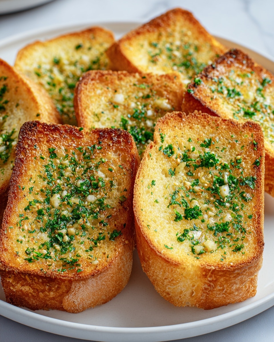 The image shows six slices of toasted garlic bread arranged close together on a white plate. Each slice has a golden-brown crust with a soft, slightly spongy inside visible around the edges. The top layer of the bread is covered with finely chopped green parsley and small pieces of white garlic bits spread evenly, giving a textured and speckled look. The bread surface also has a glistening shine, likely from butter or oil, with some darker, crispier spots from toasting. The plate is placed on a white marbled surface, adding a light and clean background. photo taken with an iphone --ar 4:5 --v 7
