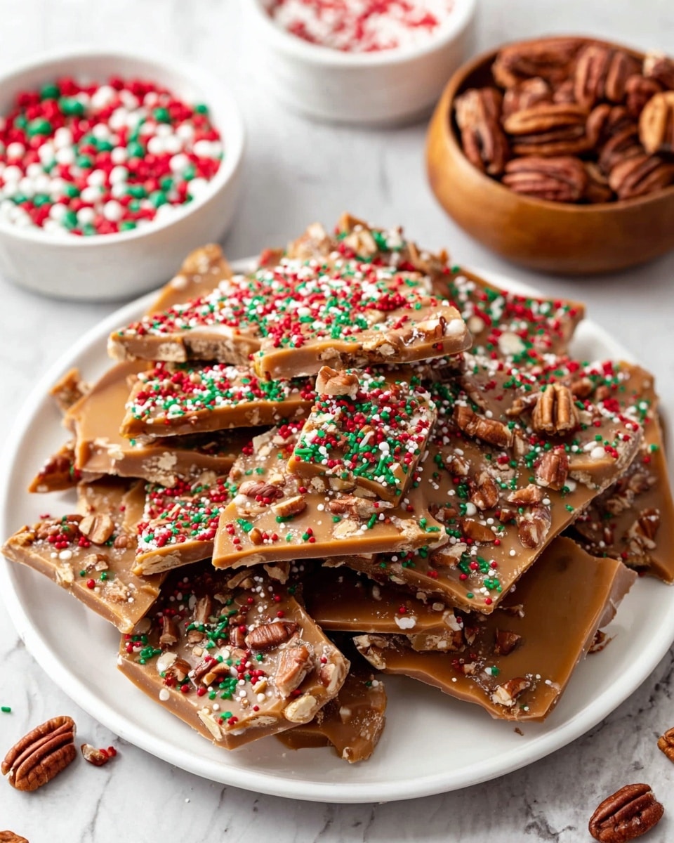 A white plate piled with irregular pieces of festive toffee bark featuring three visible layers: a smooth, creamy caramel base with a glossy light brown color, topped by a thick milk chocolate layer with a shiny, slightly textured surface. The top is sprinkled with chopped pecans adding a rough, nutty brown texture, and colorful red, green, and white Christmas-themed sprinkles scattered evenly across. Around the plate, a white bowl with whole pecans and a wooden bowl filled with matching festive sprinkles sit on a white marbled surface. photo taken with an iphone --ar 4:5 --v 7