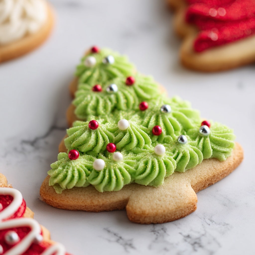 The image shows Christmas-themed sugar cookies decorated with bright icing laid on a white marbled surface. The cookies include green Christmas trees with swirling green frosting, decorated with small round colorful sprinkles in pink, blue, and gold. There are red gift box cookies with textured red icing and white cross lines, topped with tiny green tree designs. White snowman-shaped cookies have smooth white icing with black hats, red scarves, and green buttons. Red stockings with thick, piped red icing and white tops are also present, decorated with small red and green holly sprinkles. Light blue star-shaped cookies are covered in light blue icing with white and blue sprinkles. Additionally, there is a small metal measuring cup filled with colorful sprinkles in pink, blue, white, and gold colors placed among the cookies. photo taken with an iphone --ar 4:5 --v 7