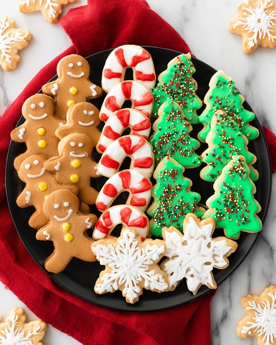 The image shows a variety of decorated Christmas sugar cookies on two white plates and a black cooling rack placed on a white marbled surface. On the top left plate, there is a stocking-shaped cookie with a smooth red layer topped by a thick white icing cuff, and a golden star cookie with sparkly sugar crystals in the background. On the top right plate, three Christmas tree cookies are decorated with bright green icing, sprinkled with small white, red, and green sugar balls and red lines across the trees. On the black cooling rack below, a large snowflake-shaped cookie is covered in bright blue icing with silver round beads on each branch tip and smaller ones spread evenly. Next to it is a candy cane cookie striped with alternating thick red and white glossy icing. Small green holly leaves with red berry dots cookies are also on the rack, their icing smooth and shiny. The whole scene feels festive with a striped red and white cloth partially visible to the side, the icing textures mostly smooth and shiny. photo taken with an iphone --ar 4:5 --v 7