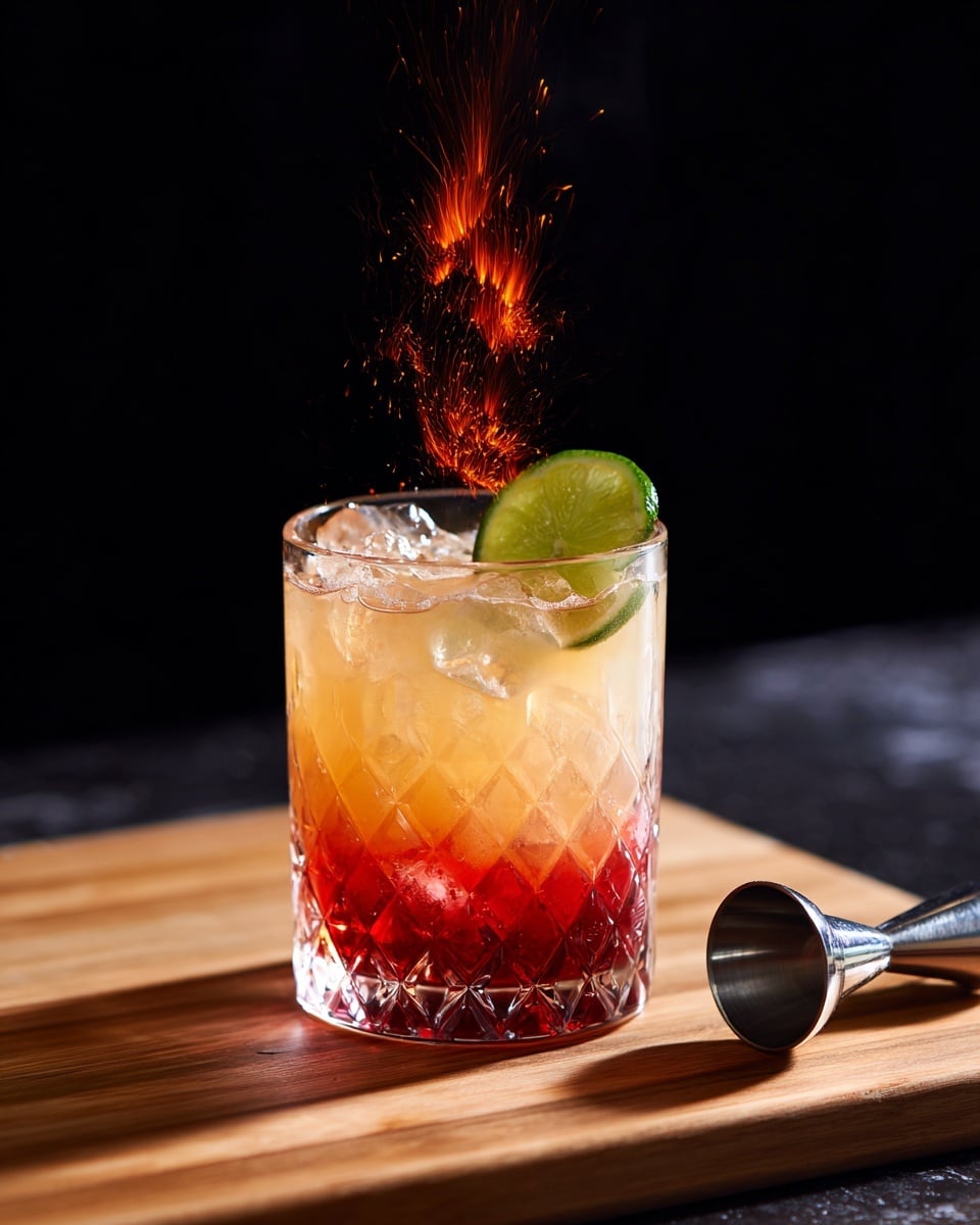 A clear glass with a diamond pattern bottom holds a drink with three visible layers: a deep red layer at the base, a light orange middle layer blending up, and a pale creamy layer on top filled with ice cubes. A green lime half rests on the glass rim. Above the lime, bright orange sparks fly upwards, adding a fiery touch. The glass is placed on a wooden surface with a shiny metal jigger lying beside it, all set against a black background. photo taken with an iphone --ar 4:5 --v 7