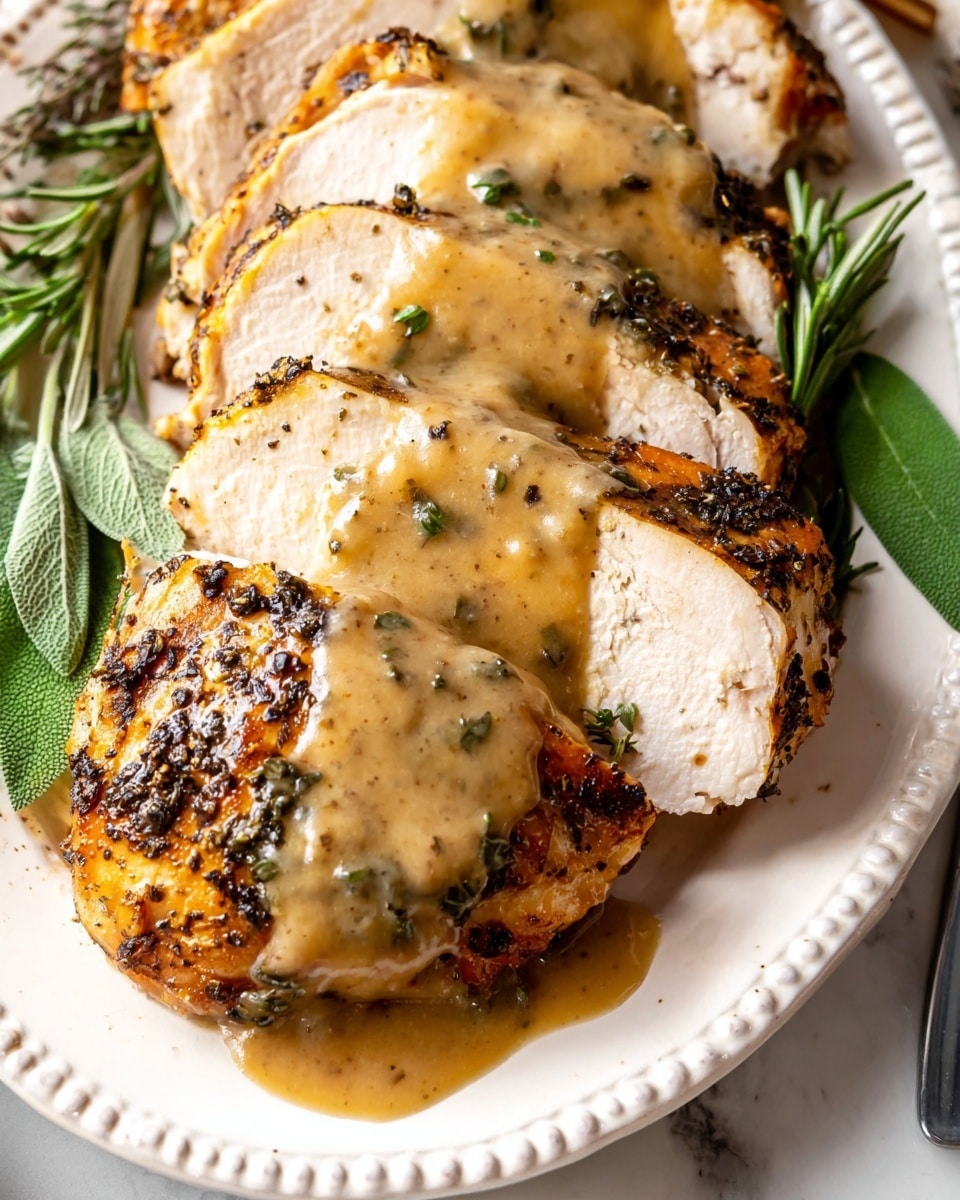 This image shows a close-up of three thick slices of roasted turkey breast arranged slightly overlapping on a white plate with a beaded edge. The turkey slices have a golden-brown, herb-crusted skin with visible black pepper and green herbs. A creamy, light tan gravy is poured generously over the top of the turkey, showing a smooth texture with small bits of seasoning. Around the turkey, fresh green sage and rosemary leaves add pops of color and freshness. The whole plate rests on a white marbled surface. Photo taken with an iphone --ar 4:5 --v 7