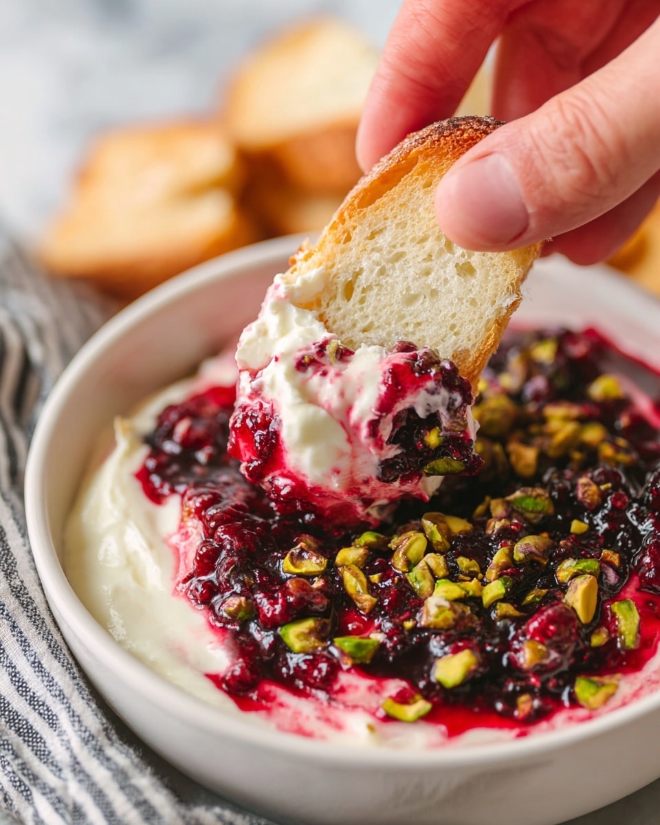 A round white bowl holds a dip with three layers: the bottom layer is thick and creamy white, the middle layer is a glossy dark red fruit jam spread unevenly in a circle, and the top layer is sprinkled with chopped green and golden pistachios. The bowl sits on a white marbled surface surrounded by small slices of light golden toasted bread on one side and a striped black and white cloth on the other. In the upper right corner, there is a small white bowl with more chopped pistachios on a round wooden coaster. Photo taken with an iphone --ar 4:5 --v 7