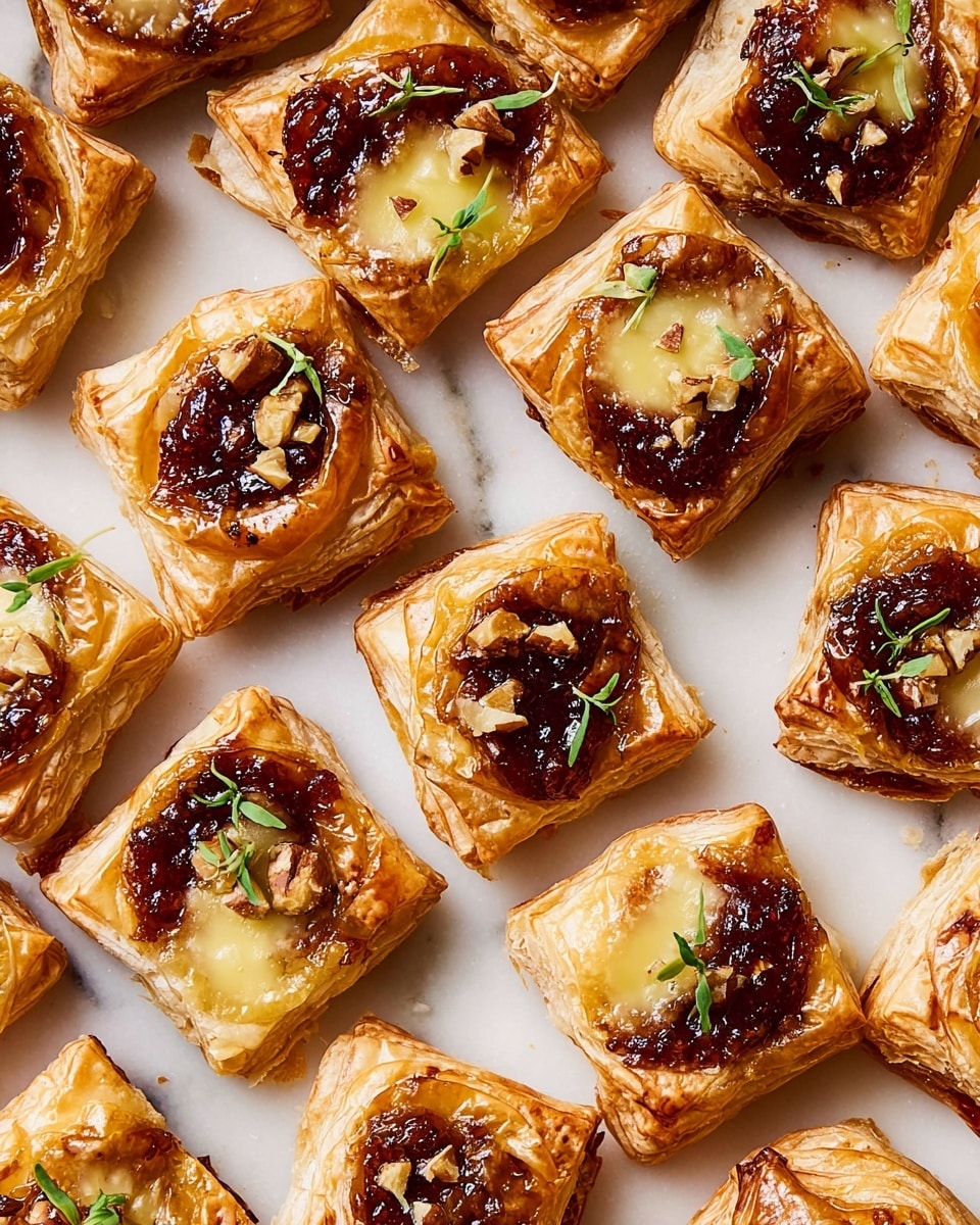 The image shows many small square puff pastry bites arranged closely on a white marbled surface. Each pastry has three distinct layers: the base is golden brown, flaky pastry with a crisp texture; the middle layer is a dark red jam spread that looks sticky and glossy; and the top layer has melted pale yellow cheese with a smooth, slightly browned surface. Small chopped nuts and fresh, small green herb leaves are sprinkled on top of each bite, adding texture and color contrast. The pastries vary slightly in shape, some more open and some folded in parts, showing the layers inside. photo taken with an iphone --ar 4:5 --v 7