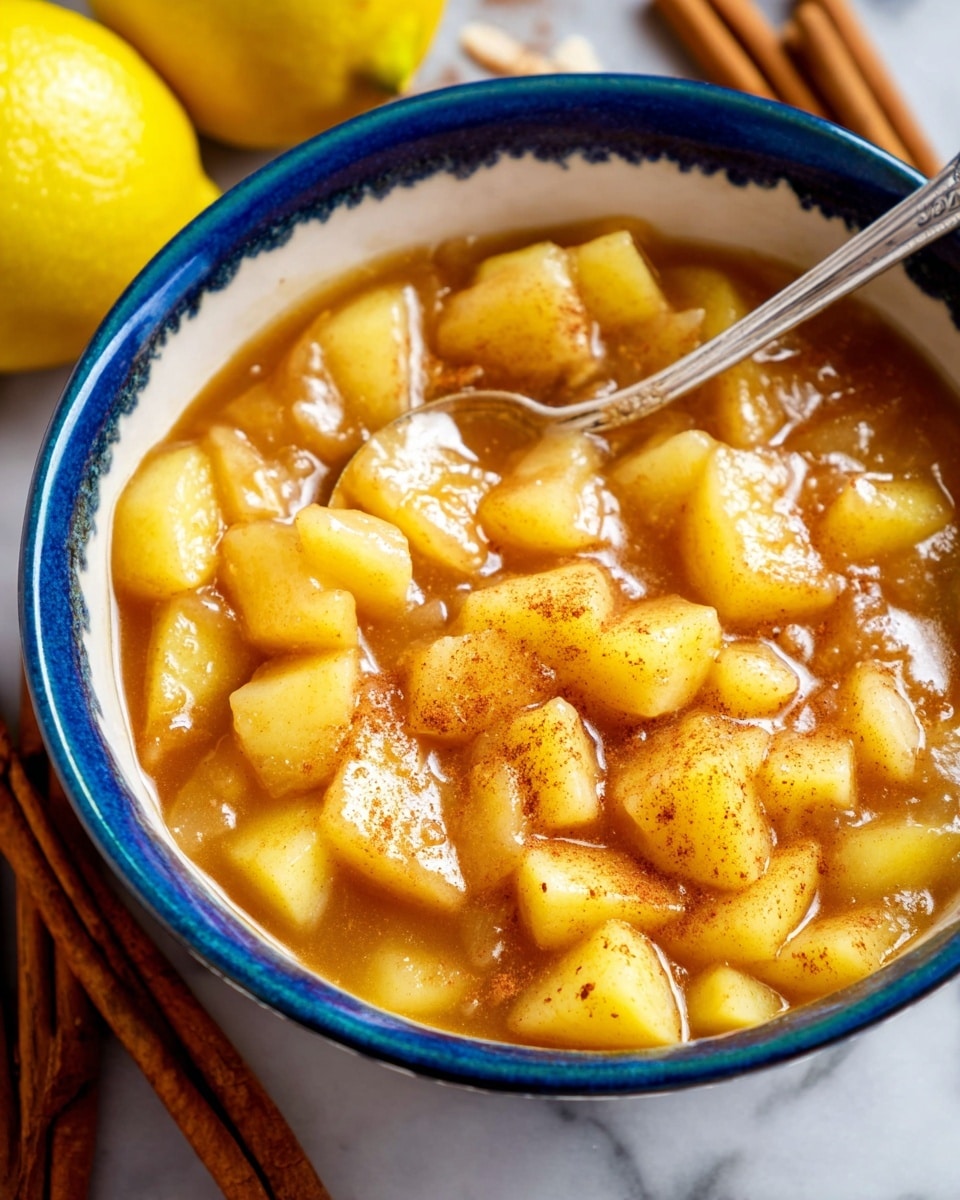 A close-up image of a bowl filled with a warm, thick apple stew. The bowl has a blue rim with a white inside, and it contains multiple chunks of light yellow apples soaked in a golden-brown syrupy sauce with sprinkles of cinnamon powder on top. A silver spoon is placed inside the bowl, partly submerged in the mixture. The bowl sits on a white marbled surface with a lemon positioned on the left side and cinnamon sticks placed nearby, adding a cozy and inviting feel. photo taken with an iphone --ar 4:5 --v 7