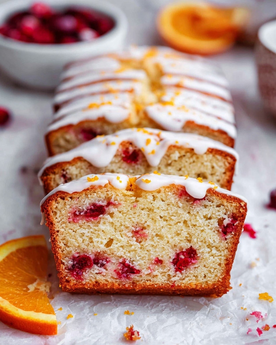 A loaf cake sliced into four pieces arranged in a line with a white icing drip on top, visible orange zest sprinkled on the icing. The cake has a golden-brown crust and a light, moist crumb inside with scattered red berries, giving a speckled pattern through each slice. It sits on white marbled texture paper, with a small orange wedge and crumbs placed around the front slice. A white bowl with more red berries is placed blurred in the background. photo taken with an iphone --ar 4:5 --v 7