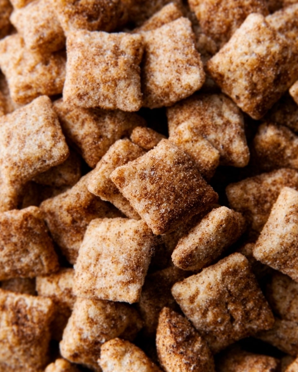 The image shows many small, square-shaped cereal pieces with a rough, crunchy texture. They are covered in a light dusting of cinnamon sugar, giving them a warm brown color with darker specks. The cereal pieces are piled close together, filling the frame, and their texture looks crispy and slightly grainy. The background is a white marbled texture. Photo taken with an iphone --ar 4:5 --v 7