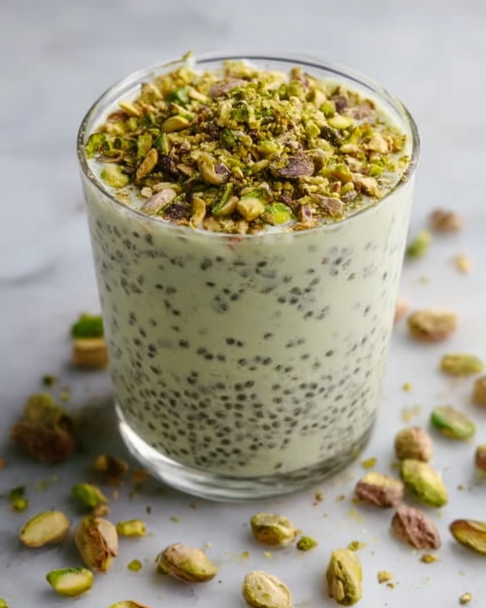 A clear glass holds a creamy, pale green pistachio-flavored mousse with small dark specks evenly mixed inside. The mousse fills most of the glass in one thick layer, topped with a generous, textured sprinkle of chopped pistachios and tiny light brown crumbs, creating a rough, crunchy surface. The glass sits on a white marbled surface scattered with more chopped pistachios and crumbs. In the background, a white bowl with more pistachios blurs softly. Photo taken with an iphone --ar 4:5 --v 7
