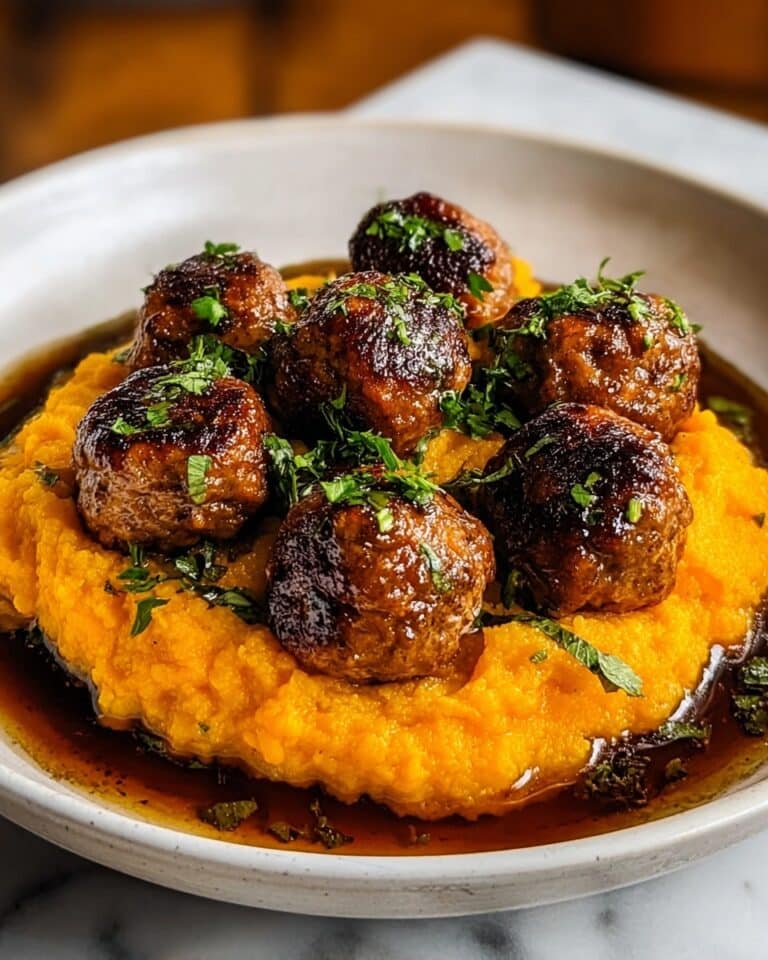 Irresistible Pork Meatballs with Sweet Potato Mash & Bourbon-Maple Sauce Recipe