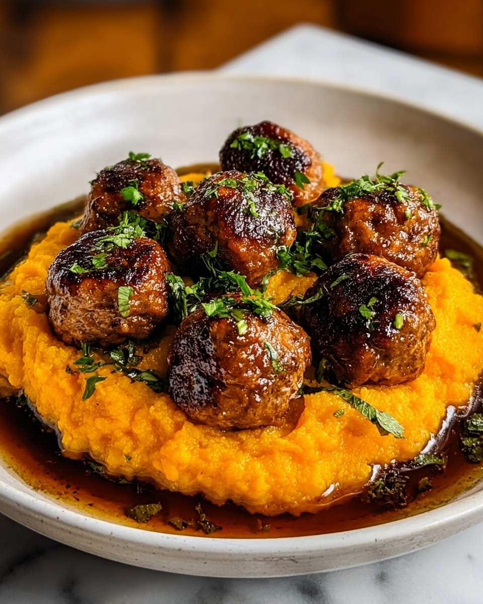 A white plate holds a dish with two main layers: the bottom layer is a bright orange mashed texture, slightly rough and thick. On top, there are seven round, browned meatballs with a shiny glaze and a crispy texture. The meatballs are sprinkled with fresh green herb pieces. Around the edge of the mashed layer, there is a dark brown sauce pooling slightly on the white plate. The scene is set on a white marbled surface with warm lighting. photo taken with an iphone --ar 4:5 --v 7