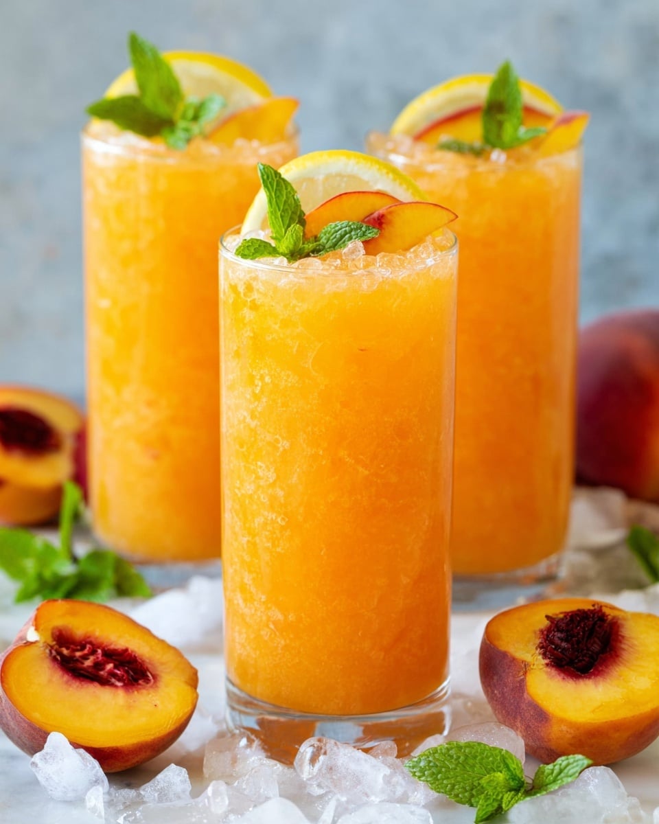 Three clear tall glasses are filled with bright orange peach juice mixed with crushed ice, showing slight texture from peach bits inside. Each glass has a garnish on the rim made of one yellow lemon slice and one golden peach slice with a green mint leaf between them. The glasses sit on a white marbled surface scattered with ice cubes, fresh peach halves showing deep red centers, lemon slices, and mint leaves. The background is soft and blurred to keep focus on the front glass. Photo taken with an iphone --ar 4:5 --v 7
