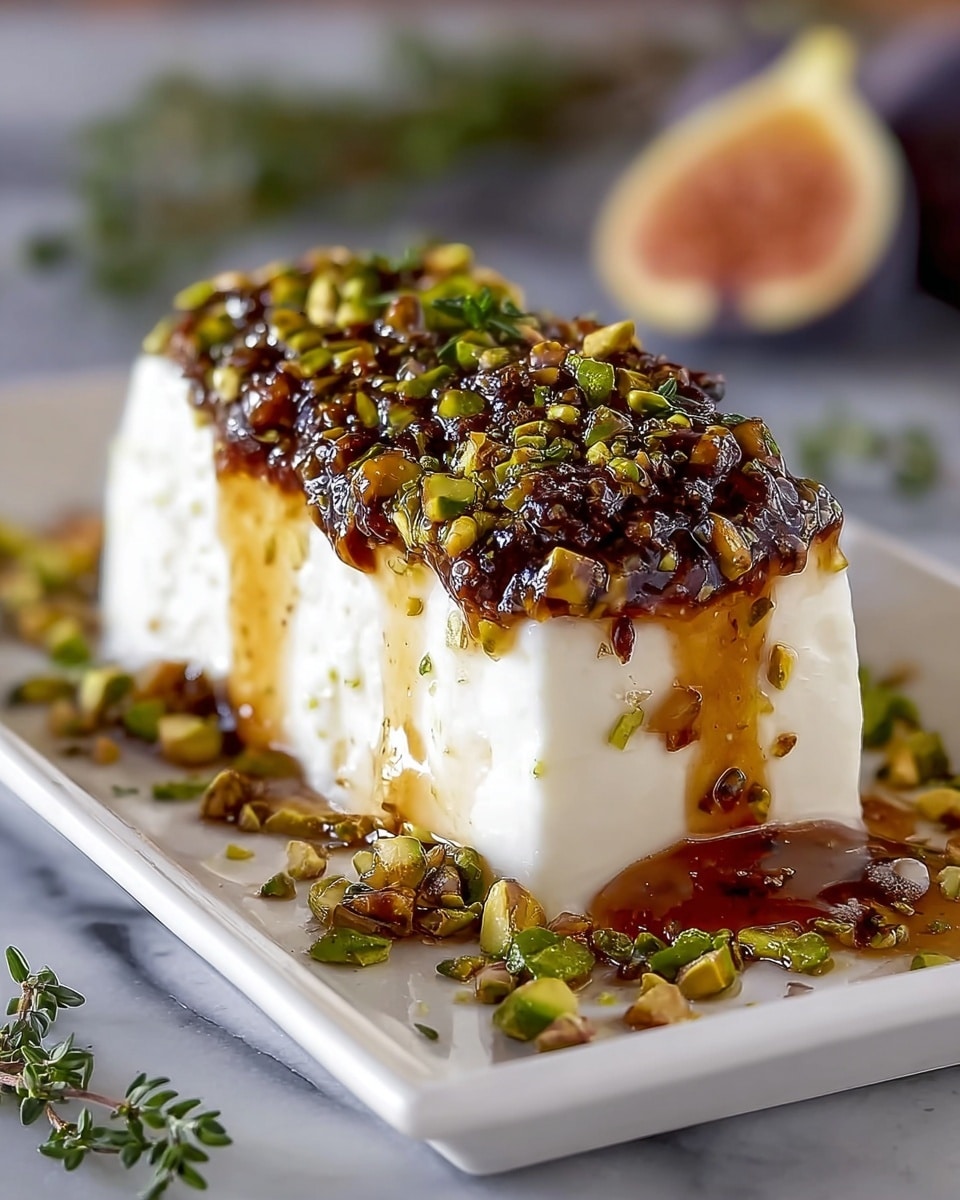 A rectangular block of soft white cheese sits in the middle of a white rectangular plate on a white marbled surface. The cheese is topped with a thick layer of sticky, dark brown honey mixed with crushed green pistachio nuts, which also spill around the cheese on the plate. The honey drips down the sides of the cheese, forming a glossy pool around the base. In the background, there is a blurred half of a fig and some green thyme sprigs. Photo taken with an iphone --ar 4:5 --v 7