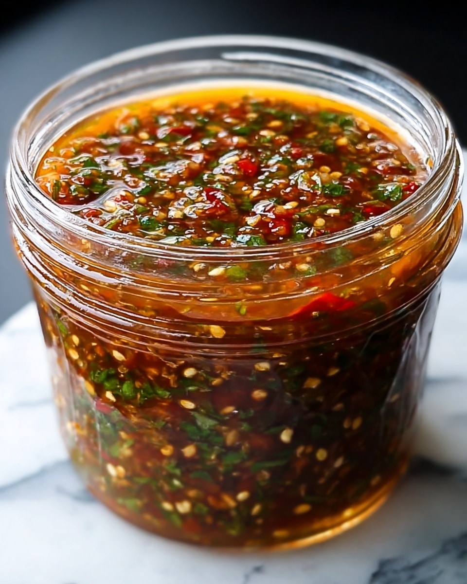 A clear glass jar is filled with a thick sauce featuring finely chopped green herbs, small red chili pieces, and visible white chili seeds suspended in a glossy, dark red-orange oil base. The sauce has a textured look from the small bits of herbs and spices spread evenly throughout the jar. The jar sits on a surface with a white marbled texture, with a dark, blurry background providing contrast. The lid rim of the jar is clear and smooth, framing the colorful, rich sauce inside. photo taken with an iphone --ar 4:5 --v 7