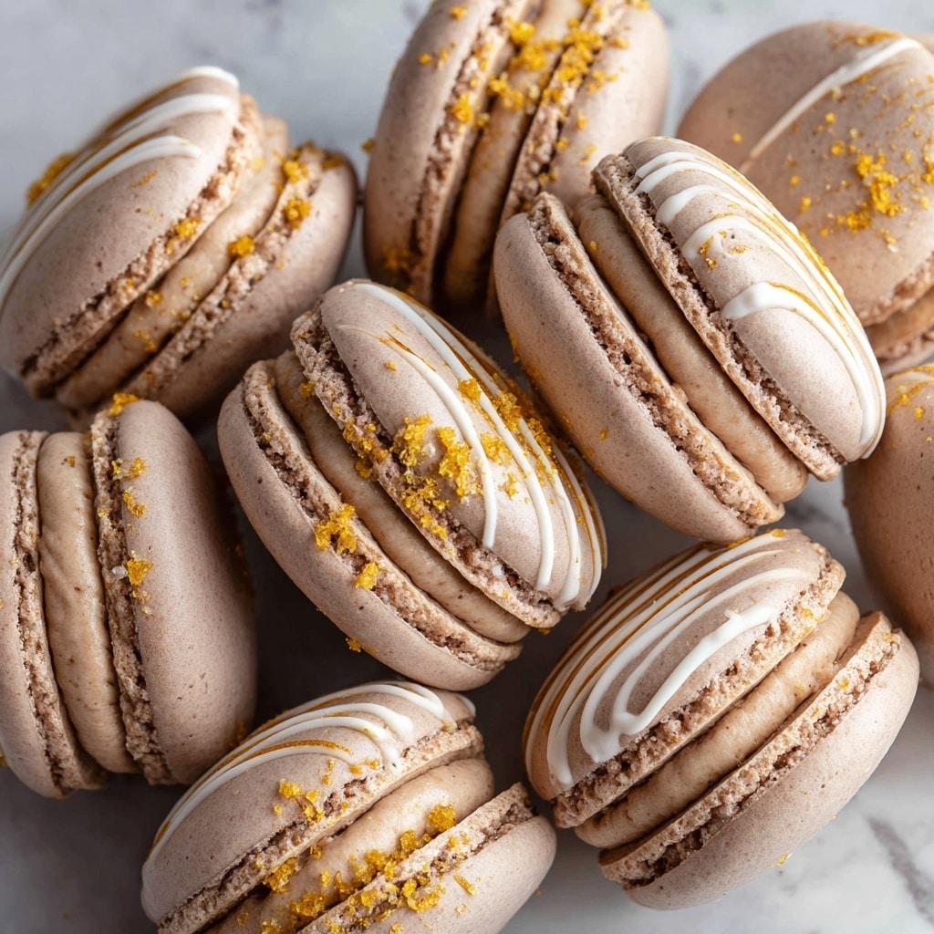 The image shows a group of twelve round, light brown macarons tightly placed together. Each macaron has two smooth, crisp shells with a creamy light brown filling sandwiched in between. A white drizzle decoration runs across the top shell of each macaron in two or three thin lines, with small golden crumbs sprinkled on top of the drizzle. The macarons have a slightly shiny texture and look soft but firm. The background is a white marbled texture. Photo taken with an iphone --ar 4:5 --v 7