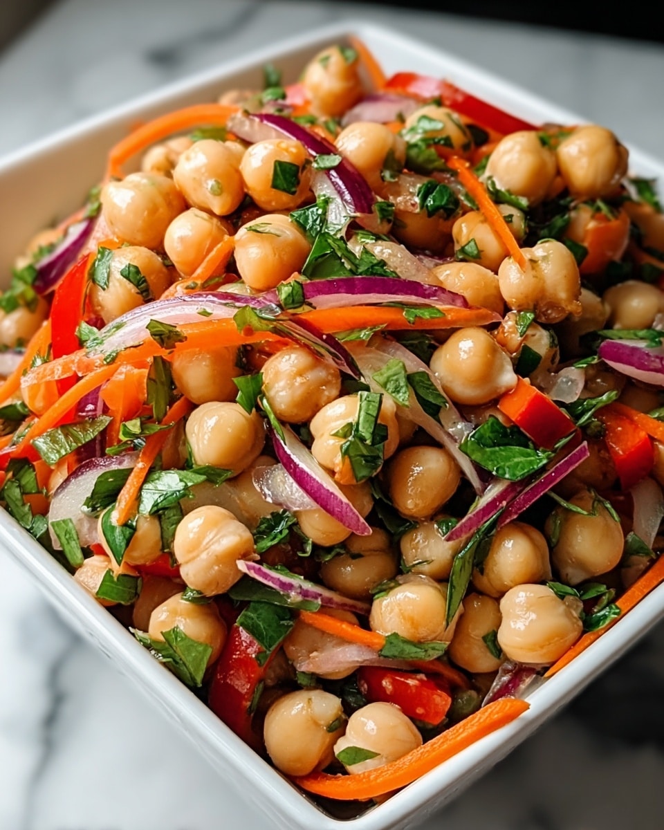 A close-up view of a chickpea salad in a white square bowl, showing plump, light beige chickpeas mixed with thin strips of vibrant orange carrots and red bell peppers, small pieces of deep purple onions, and fresh bright green chopped cilantro scattered throughout. The textures vary from smooth chickpeas to crunchy fresh vegetables, all lightly coated in a glossy dressing that makes the colors shine. The bowl sits on a white marbled surface, and the salad looks fresh and colorful with a balanced mix of soft and crisp elements. photo taken with an iphone --ar 4:5 --v 7