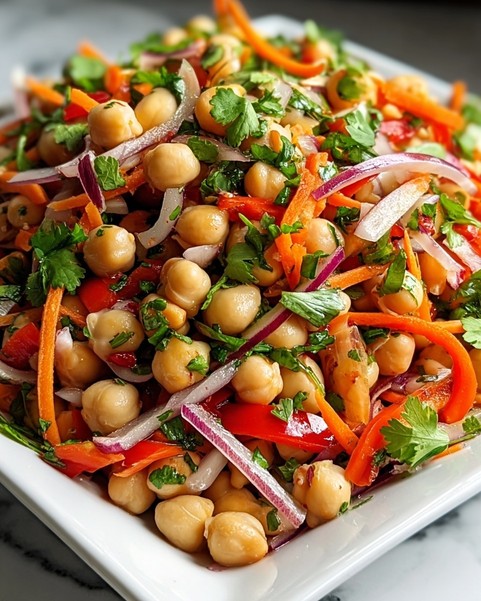A close-up view of a white square plate filled with a colorful chickpea salad, showing layers of light beige chickpeas as the main part, mixed with thin slices of bright orange carrots, red bell peppers, and purple onions, all evenly distributed throughout. Fresh green cilantro leaves are scattered on top, adding vibrant color and texture, with a slight shine as if lightly dressed. The dish is set against a white marbled background, making the colors pop. photo taken with an iphone --ar 4:5 --v 7