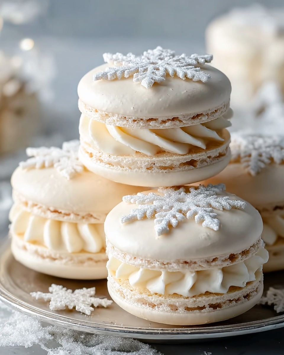The image shows a small stack of six creamy white macaron cookies arranged on a white plate with a subtle pattern. Each macaron has two smooth, round shells with a soft, somewhat glossy surface, sandwiching a thick layer of light beige cream filling. Delicate white snowflake designs are piped on top of each macaron, adding a festive touch. The plate sits on a white marbled surface, with a blurred background featuring soft decorations in warm neutral tones, creating a cozy, wintery atmosphere. Photo taken with an iphone --ar 4:5 --v 7