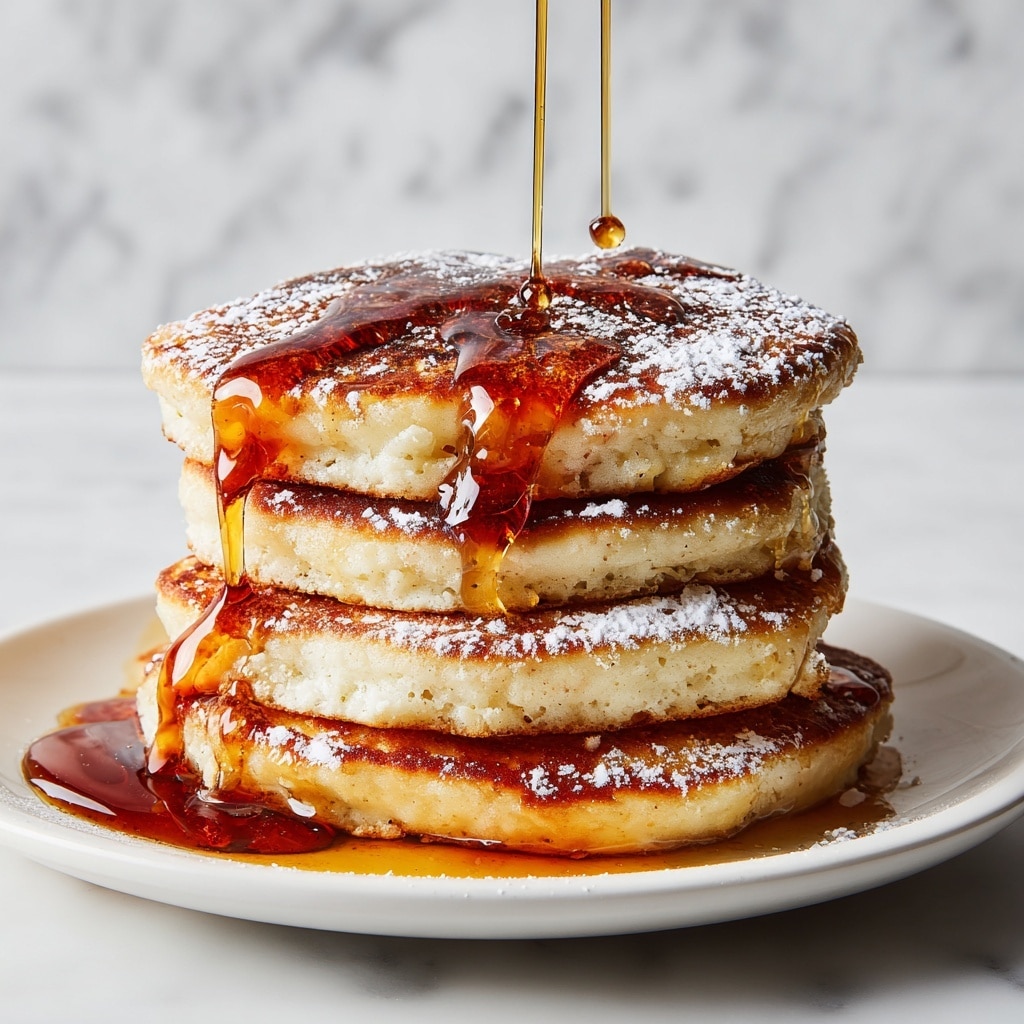 A tall stack of fluffy pancakes sits on a white plate, each pancake golden brown with a slightly crispy edge. The stack has about eight thick layers, and syrup glistens as it drips down the sides. On top, there is a small, soft dollop of whipped cream adding a bright white contrast to the warm tones of the pancakes. Next to the plate, a silver fork and a woman's hand are reaching towards the stack. The plate rests on a white marbled surface, making the whole scene look clean and fresh. photo taken with an iphone --ar 4:5 --v 7