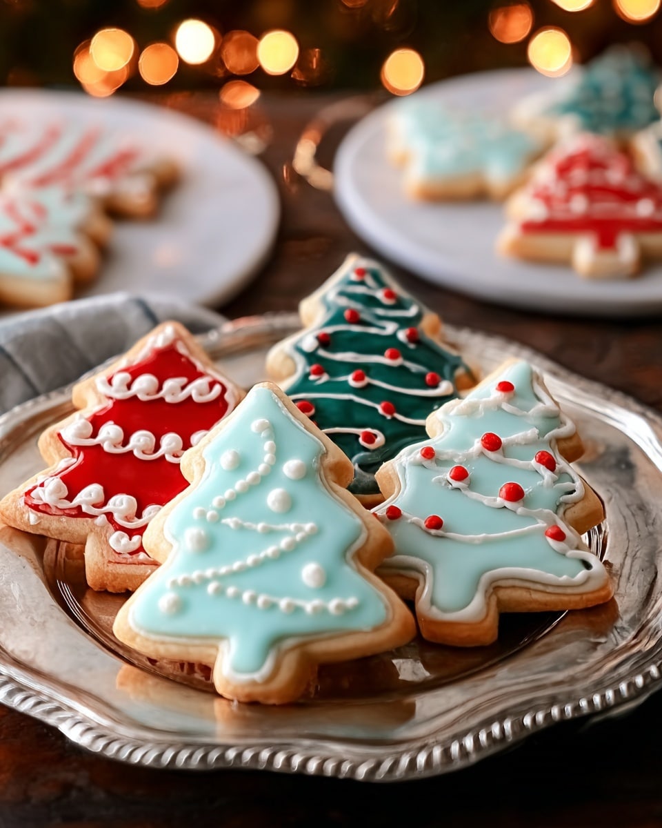 The image shows a silver metal plate holding six Christmas tree-shaped sugar cookies, each decorated with smooth, colorful icing. Starting from the front, the first cookie has a light blue base layer with white icing dots arranged in lines and an outline around the edges. To its right, a cookie with a light blue base has three small red dots down the center. Behind these, a cookie in the middle features dark green icing piped in zigzags to look like garlands, topped with scattered white dots. To the left, a cookie has white icing with red dots and lines creating a festive pattern. All cookies have a golden-brown edge from baking, and the background shows blurred plates with more cookies and warm, glowing lights, with the whole setting on a white marbled texture surface. photo taken with an iphone --ar 4:5 --v 7
